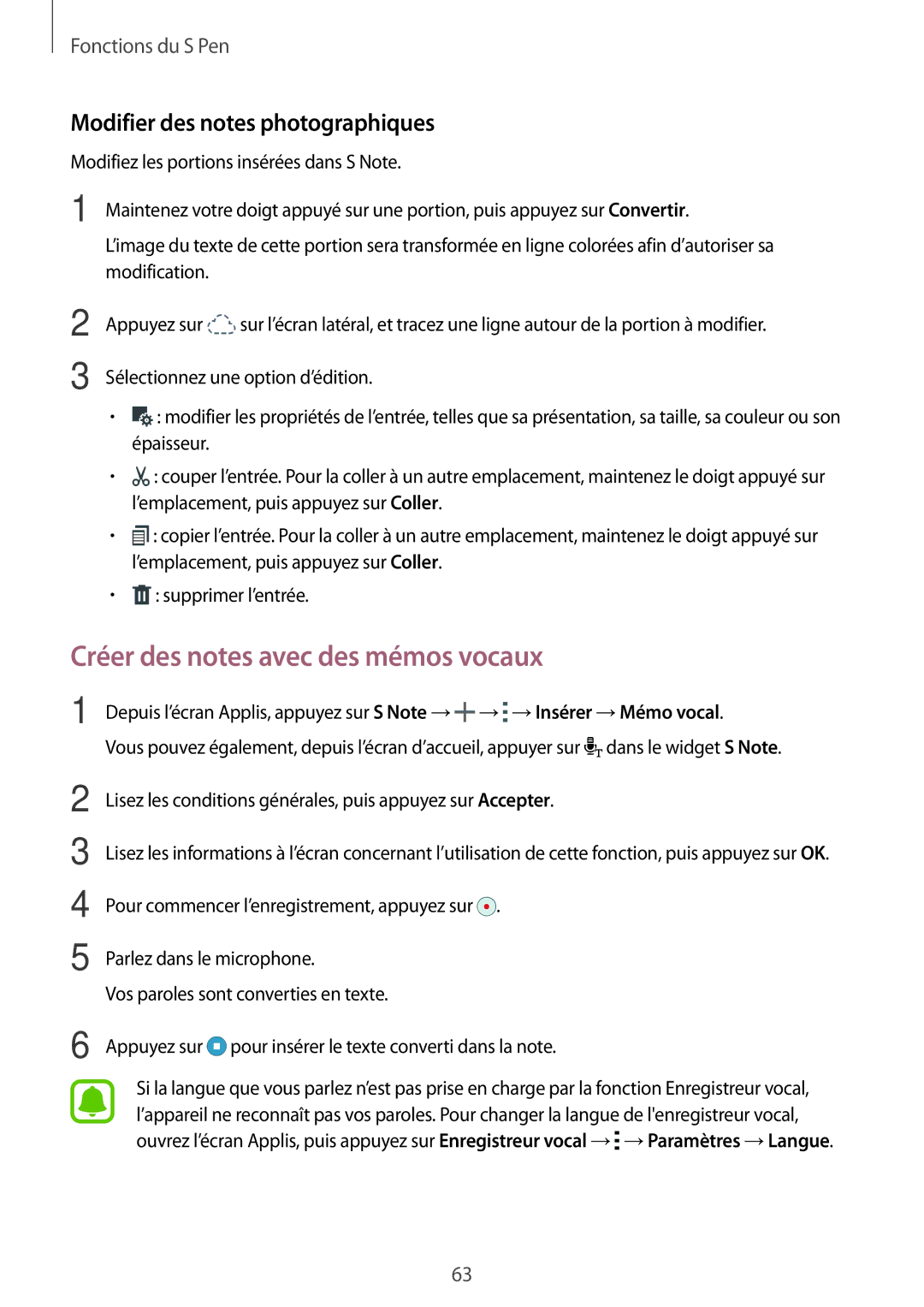 Samsung SM-N915FZWYXEF, SM-N915FZKYXEF manual Créer des notes avec des mémos vocaux, Modifier des notes photographiques 