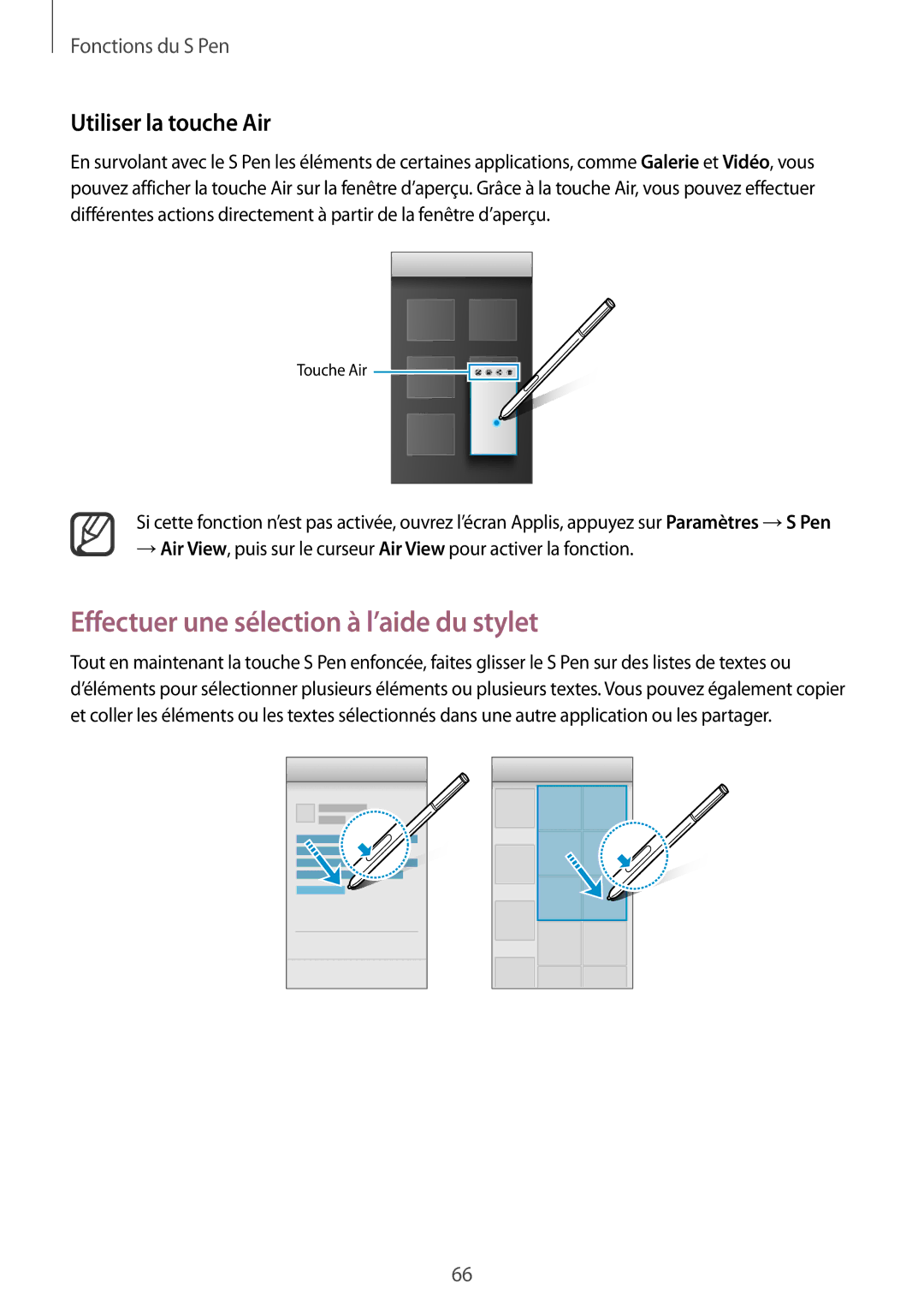 Samsung SM-N915FZKYXEF, SM-N915FZWYXEF manual Effectuer une sélection à l’aide du stylet, Utiliser la touche Air 