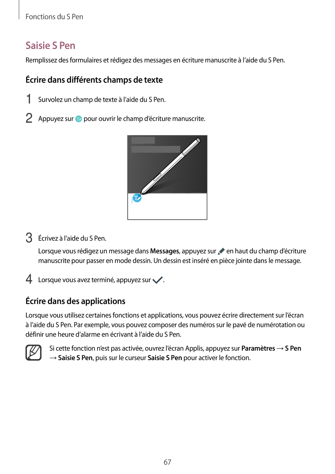 Samsung SM-N915FZWYXEF, SM-N915FZKYXEF Saisie S Pen, Écrire dans différents champs de texte, Écrire dans des applications 