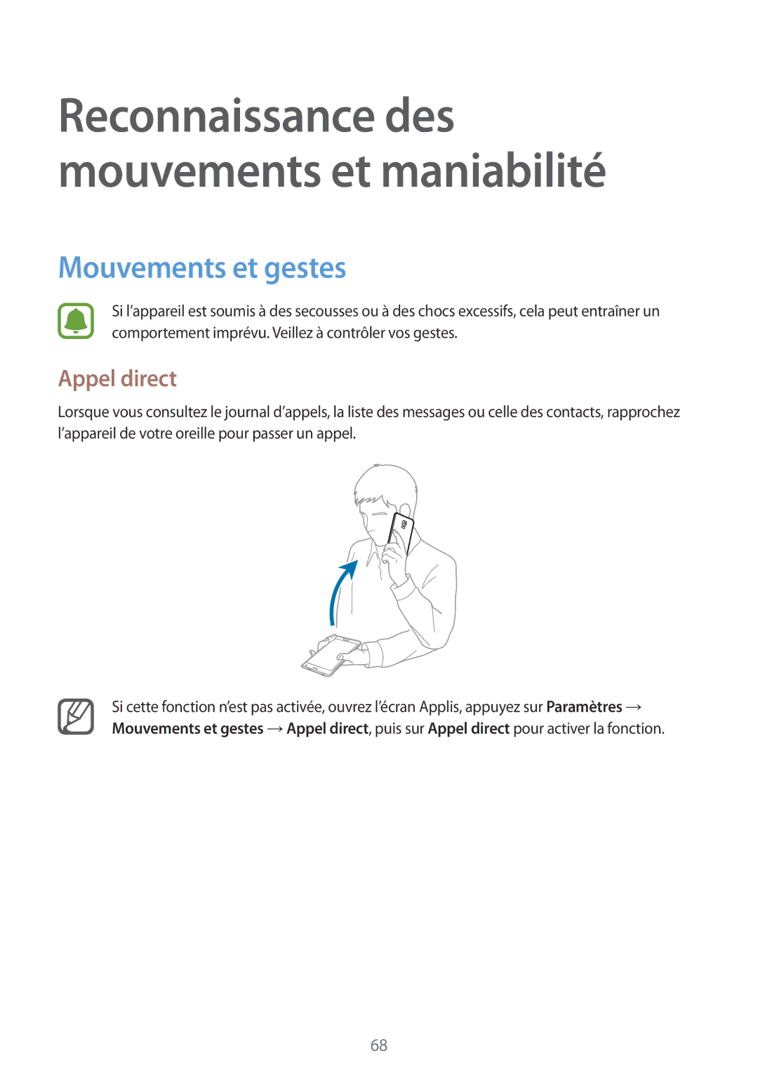 Samsung SM-N915FZKYXEF, SM-N915FZWYXEF manual Mouvements et gestes, Appel direct 