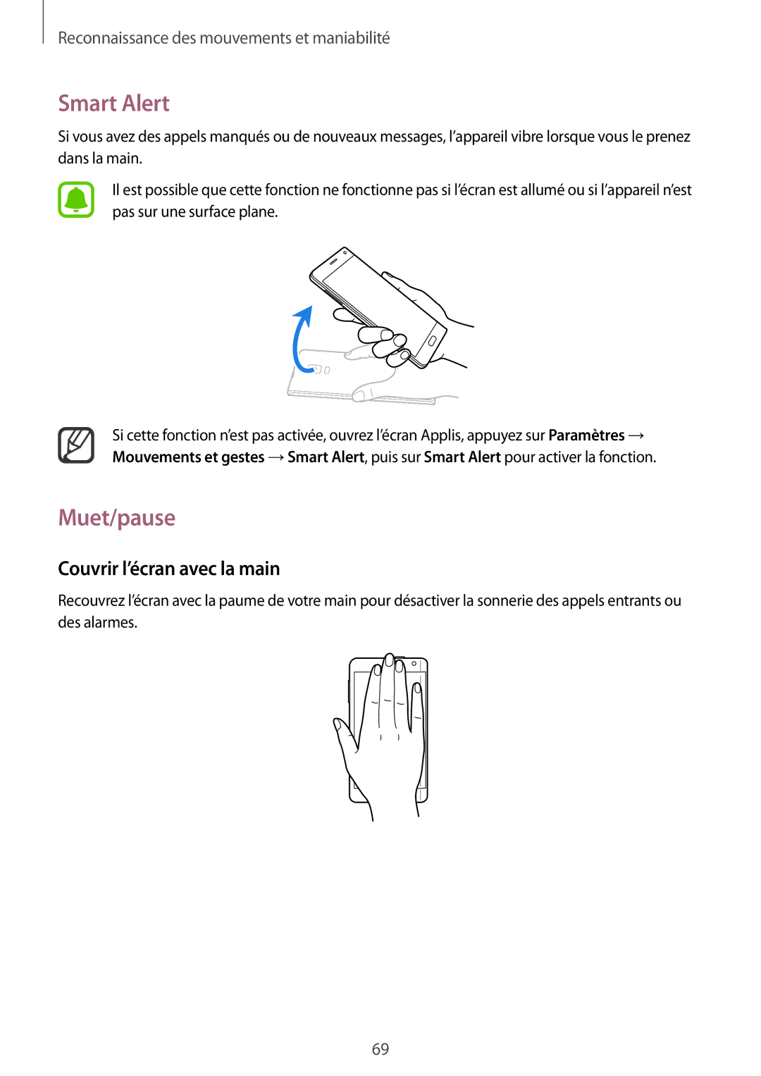 Samsung SM-N915FZWYXEF, SM-N915FZKYXEF manual Smart Alert, Muet/pause, Couvrir l’écran avec la main 