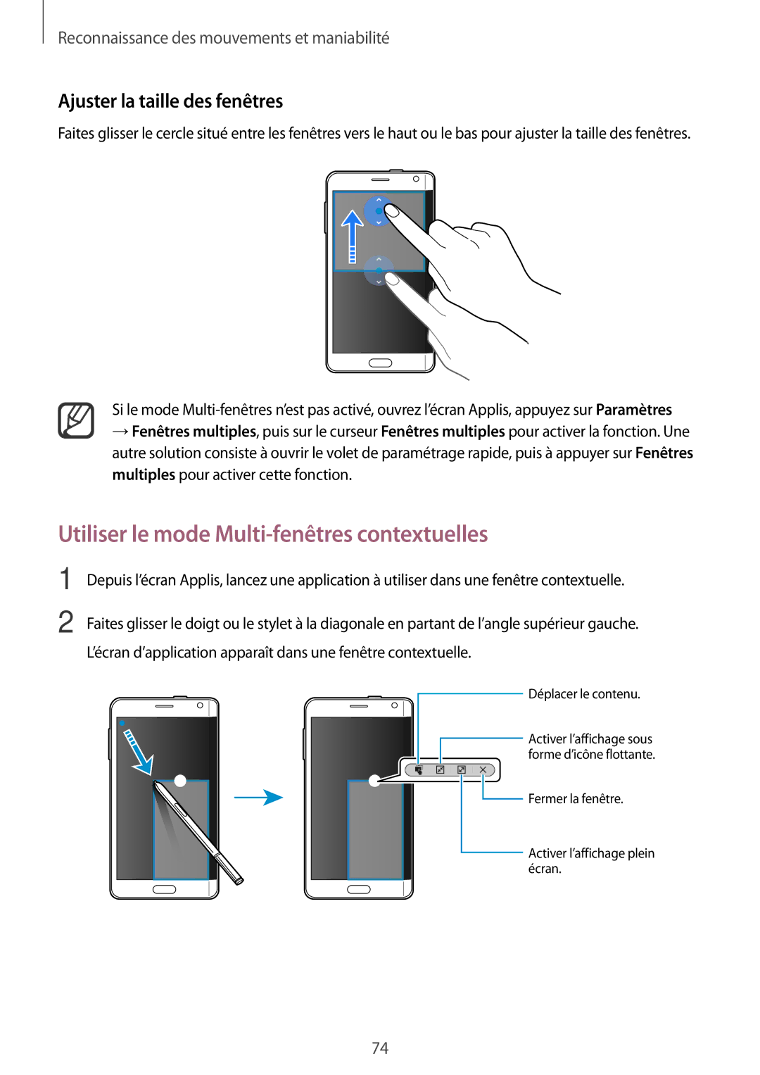 Samsung SM-N915FZKYXEF, SM-N915FZWYXEF manual Utiliser le mode Multi-fenêtres contextuelles, Ajuster la taille des fenêtres 