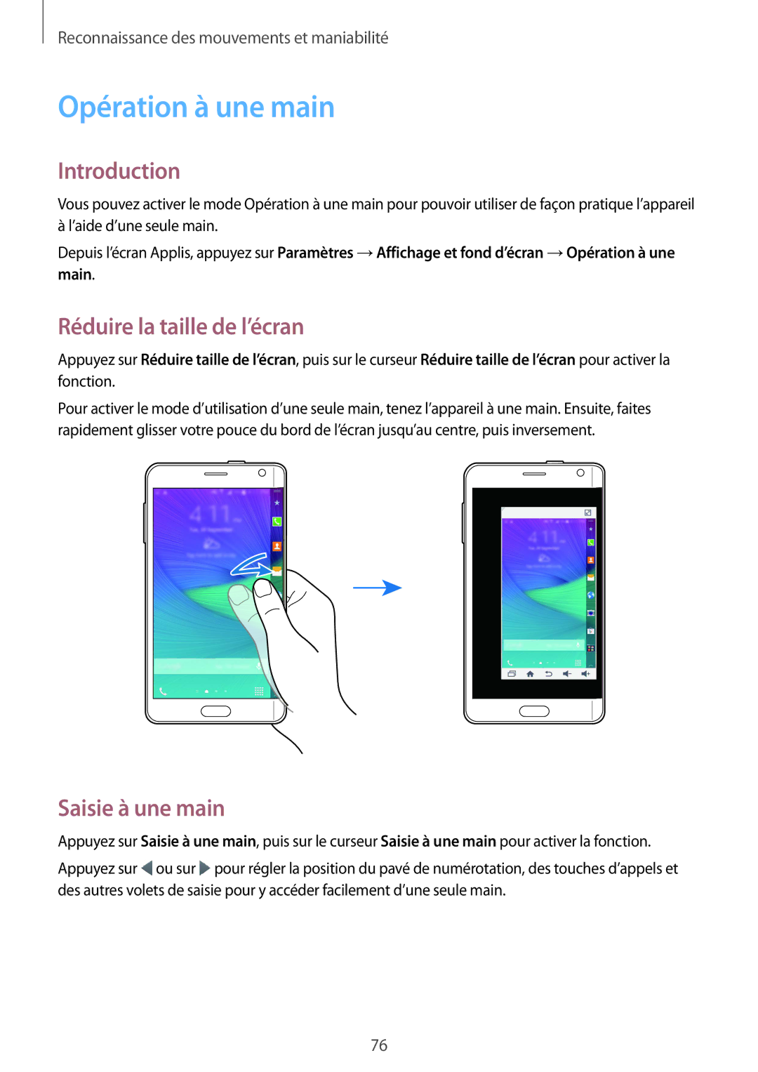 Samsung SM-N915FZKYXEF, SM-N915FZWYXEF manual Opération à une main, Réduire la taille de l’écran, Saisie à une main 