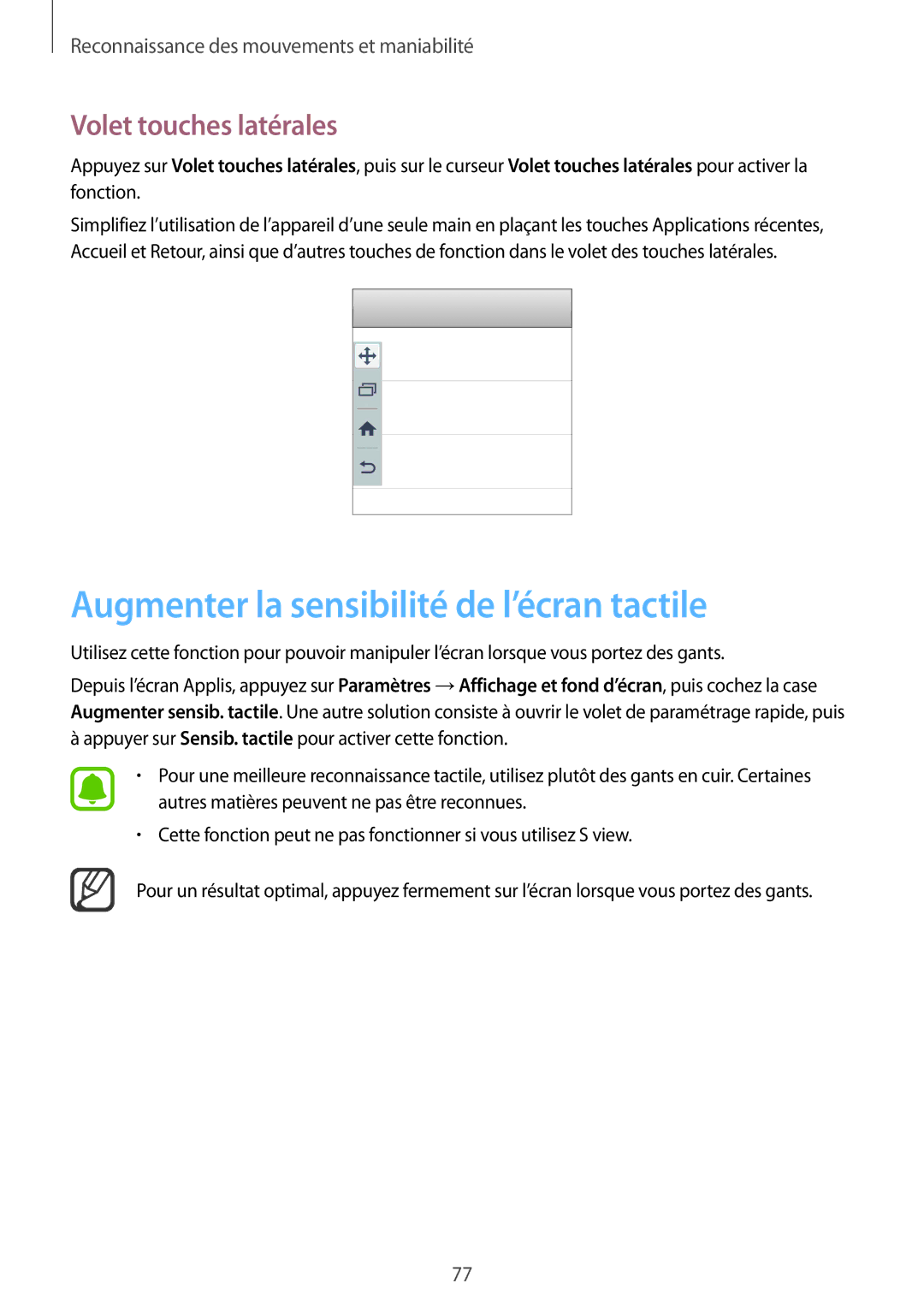 Samsung SM-N915FZWYXEF, SM-N915FZKYXEF manual Augmenter la sensibilité de l’écran tactile, Volet touches latérales 