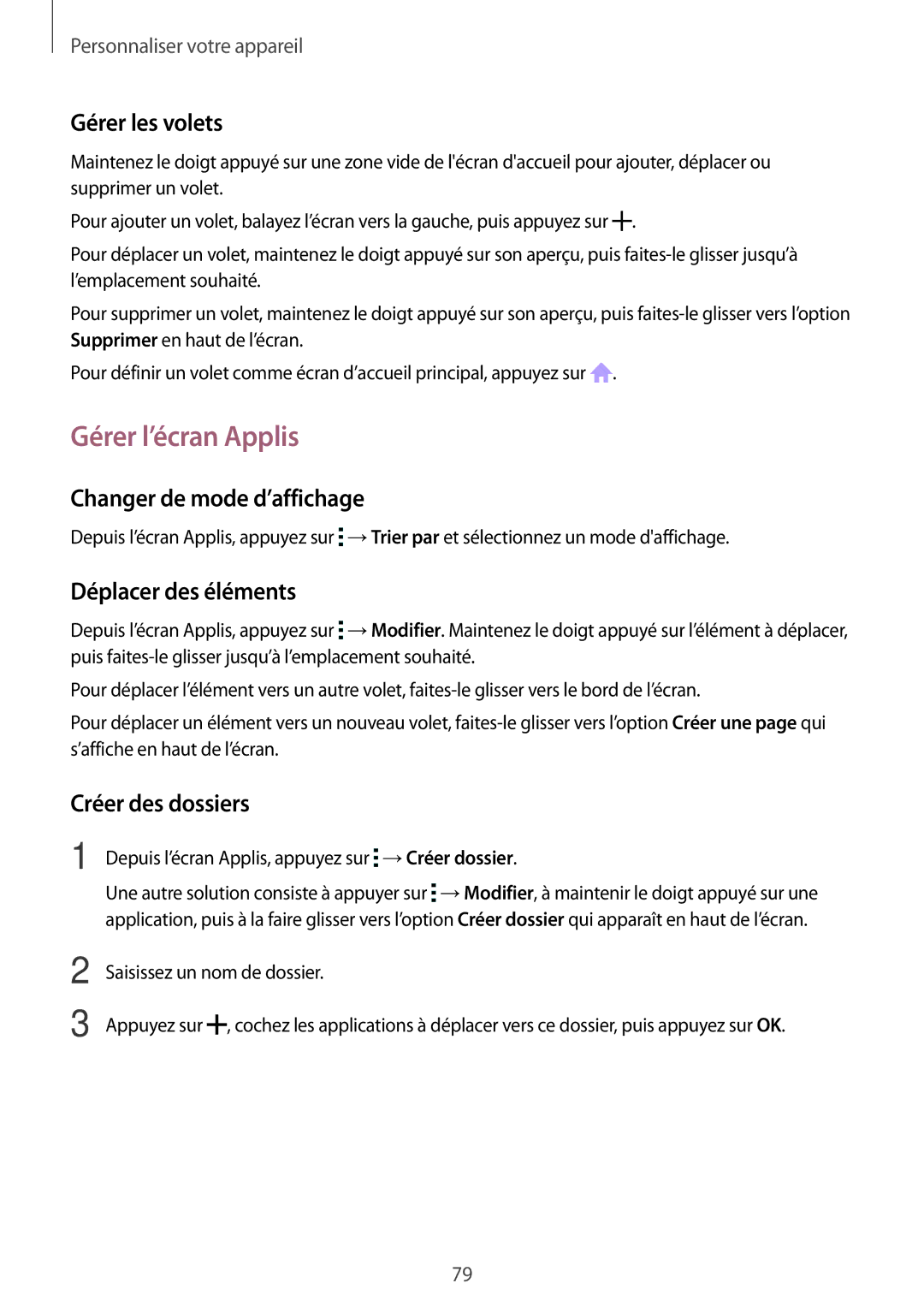 Samsung SM-N915FZWYXEF manual Gérer l’écran Applis, Gérer les volets, Changer de mode d’affichage, Déplacer des éléments 