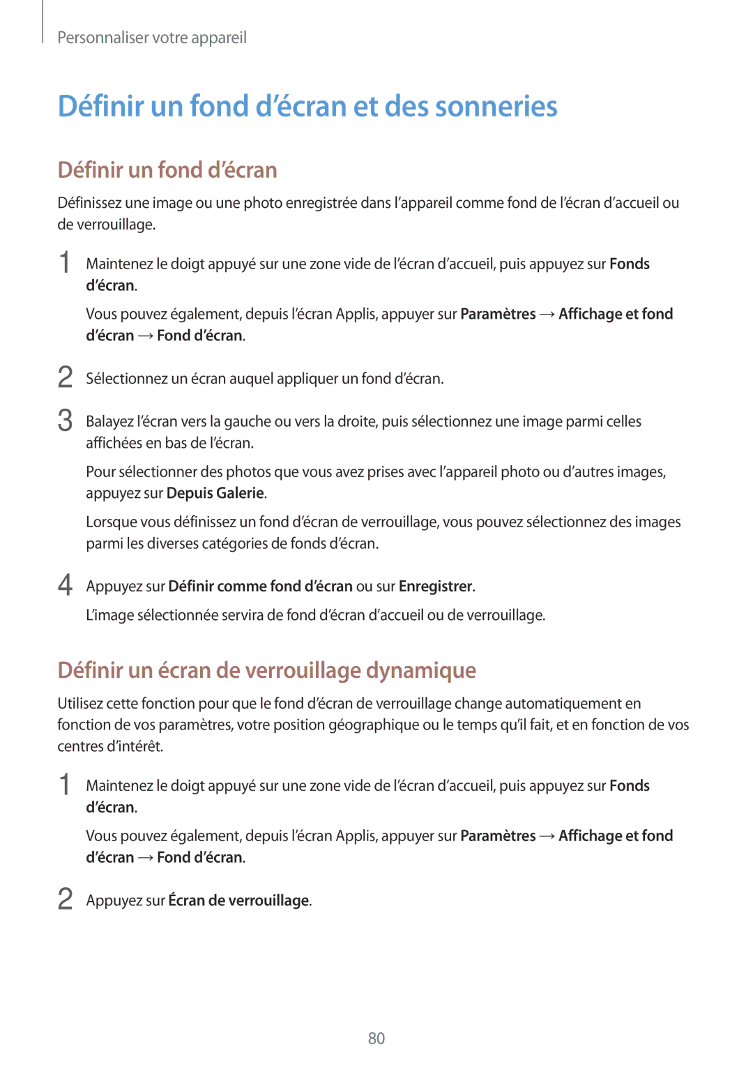 Samsung SM-N915FZKYXEF manual Définir un fond d’écran et des sonneries, Définir un écran de verrouillage dynamique 