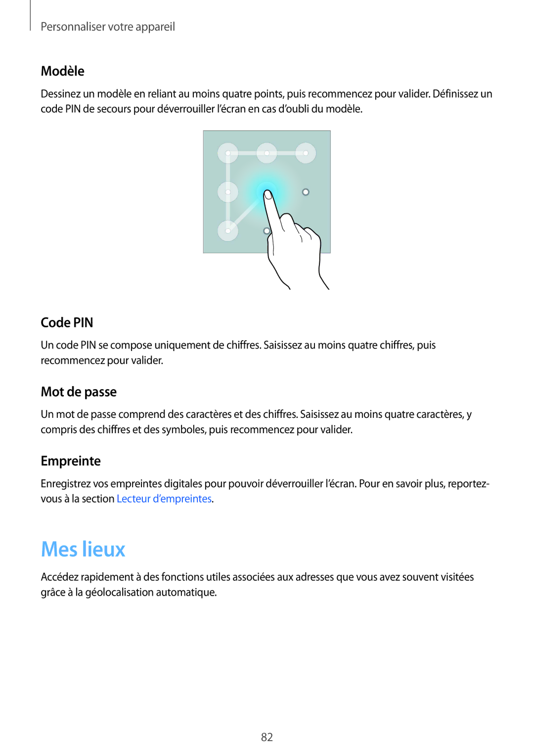 Samsung SM-N915FZKYXEF, SM-N915FZWYXEF manual Mes lieux, Modèle, Code PIN, Mot de passe, Empreinte 