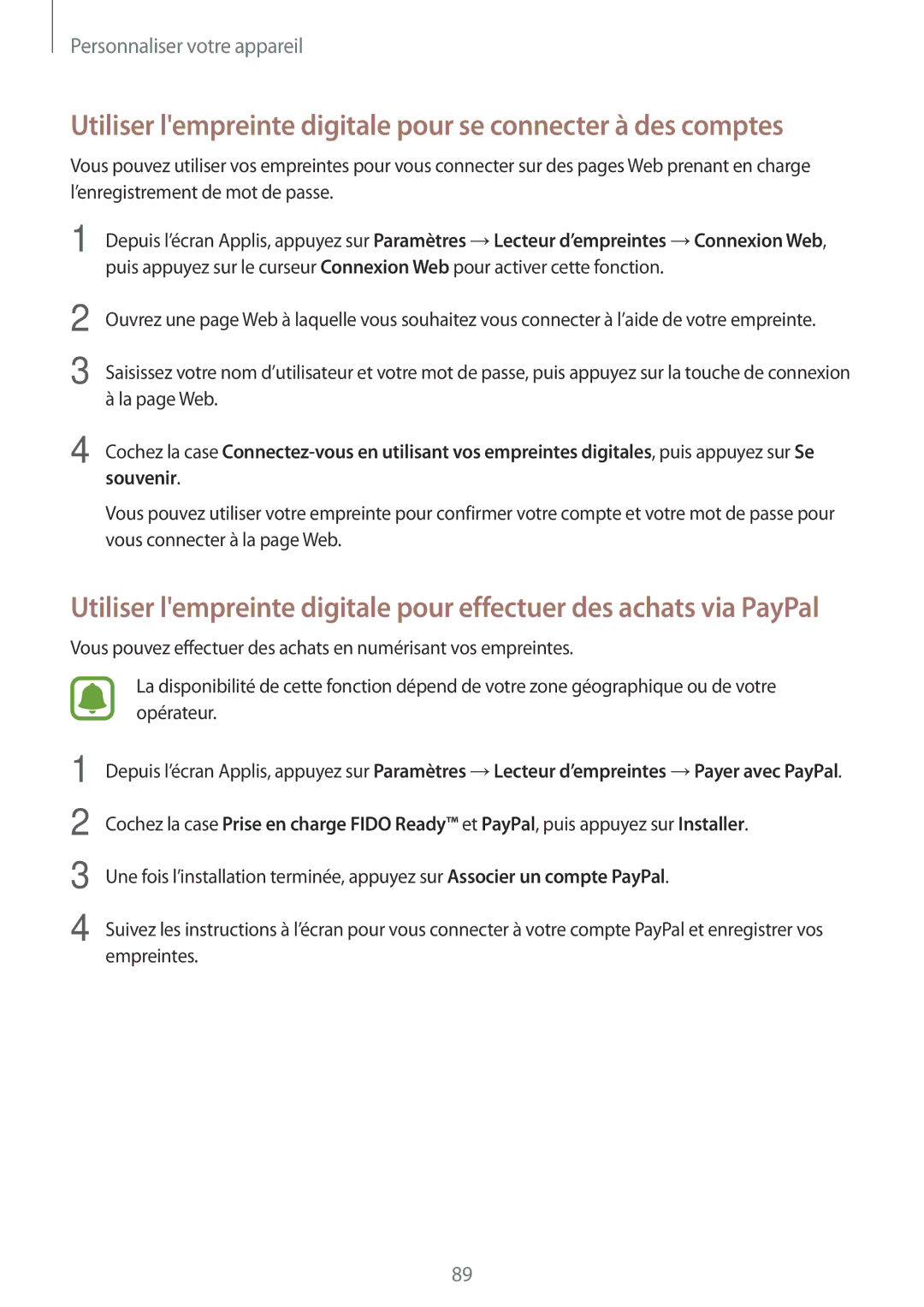 Samsung SM-N915FZWYXEF, SM-N915FZKYXEF manual Utiliser lempreinte digitale pour se connecter à des comptes 