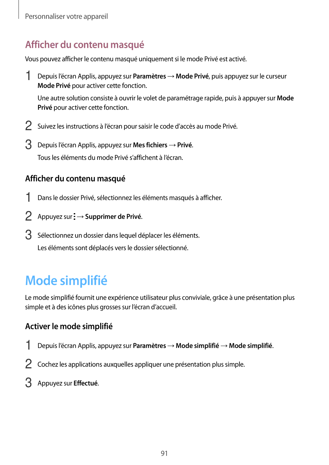 Samsung SM-N915FZWYXEF, SM-N915FZKYXEF manual Mode simplifié, Afficher du contenu masqué, Activer le mode simplifié 