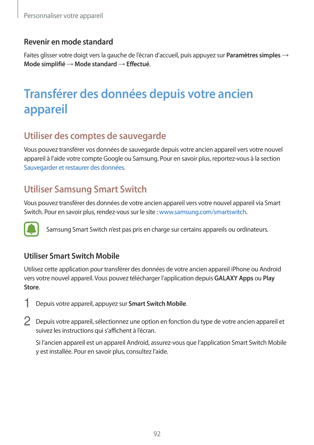 Samsung SM-N915FZKYXEF manual Transférer des données depuis votre ancien appareil, Utiliser des comptes de sauvegarde 