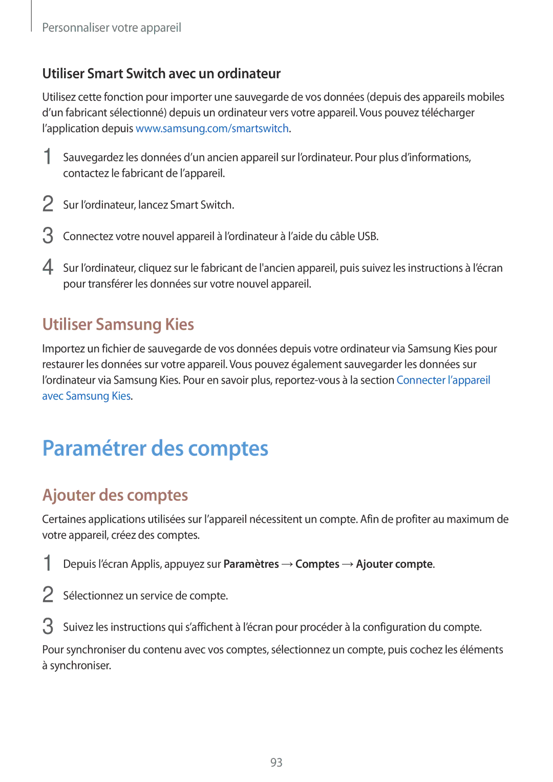 Samsung SM-N915FZWYXEF, SM-N915FZKYXEF manual Paramétrer des comptes, Utiliser Samsung Kies, Ajouter des comptes 