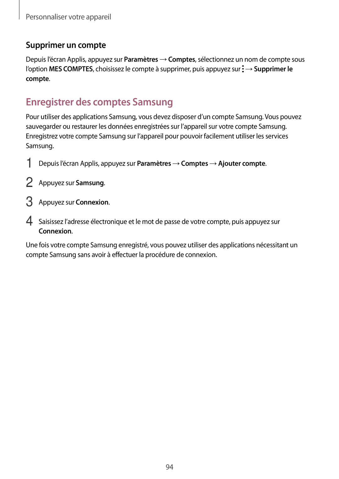 Samsung SM-N915FZKYXEF, SM-N915FZWYXEF manual Enregistrer des comptes Samsung, Supprimer un compte 