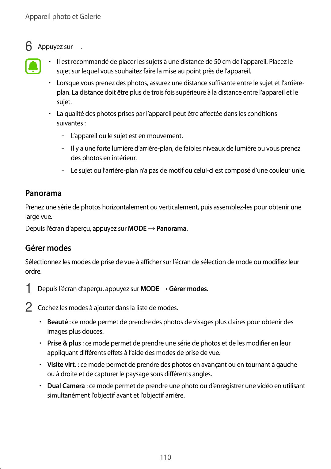 Samsung SM-N915FZKYXEF, SM-N915FZWYXEF manual Panorama, Gérer modes 