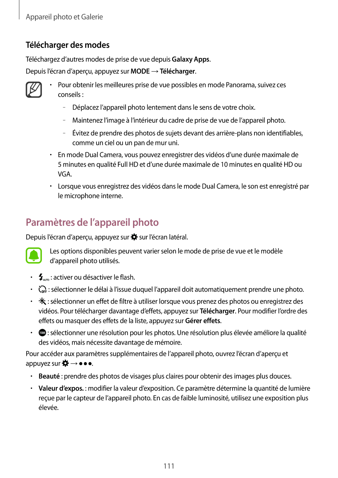 Samsung SM-N915FZWYXEF, SM-N915FZKYXEF manual Paramètres de l’appareil photo, Télécharger des modes 