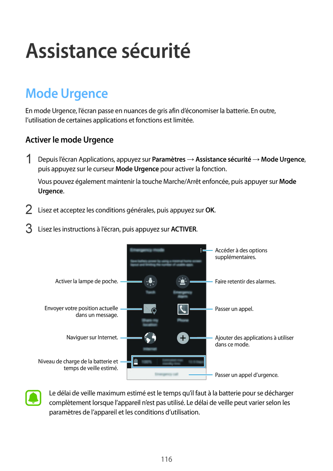 Samsung SM-N915FZKYXEF, SM-N915FZWYXEF manual Assistance sécurité, Mode Urgence, Activer le mode Urgence 