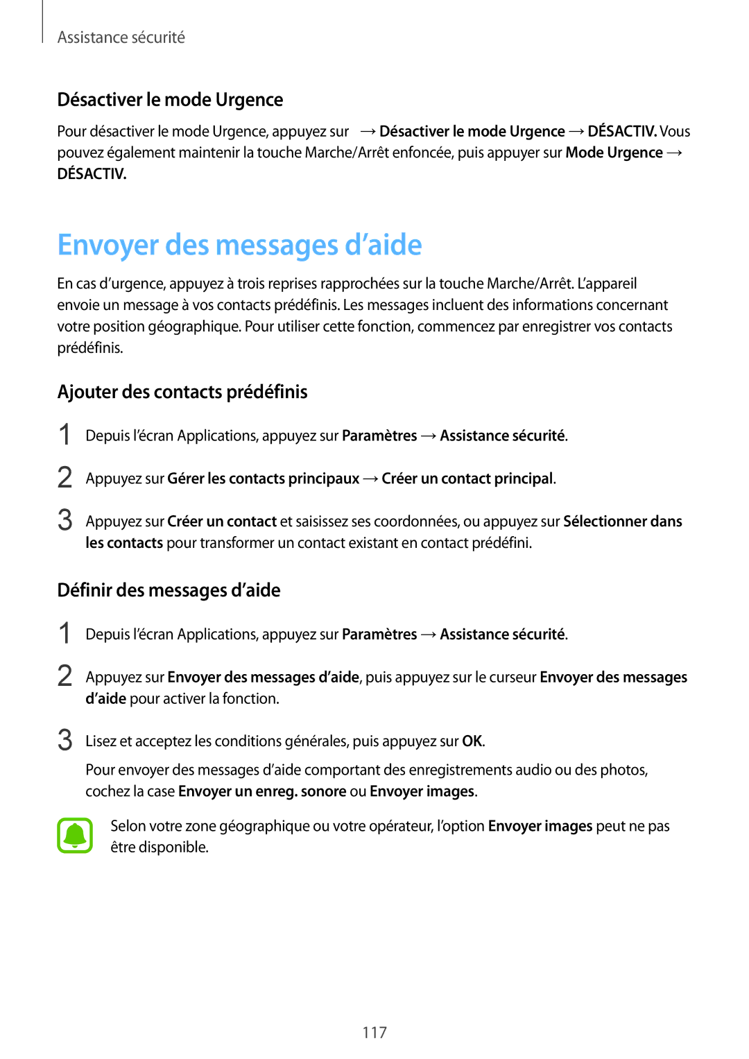 Samsung SM-N915FZWYXEF manual Envoyer des messages d’aide, Désactiver le mode Urgence, Ajouter des contacts prédéfinis 