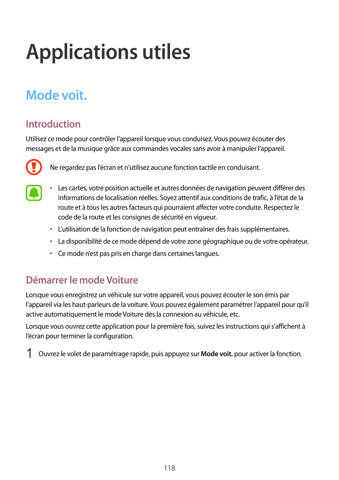 Samsung SM-N915FZKYXEF, SM-N915FZWYXEF manual Applications utiles, Mode voit, Démarrer le mode Voiture 