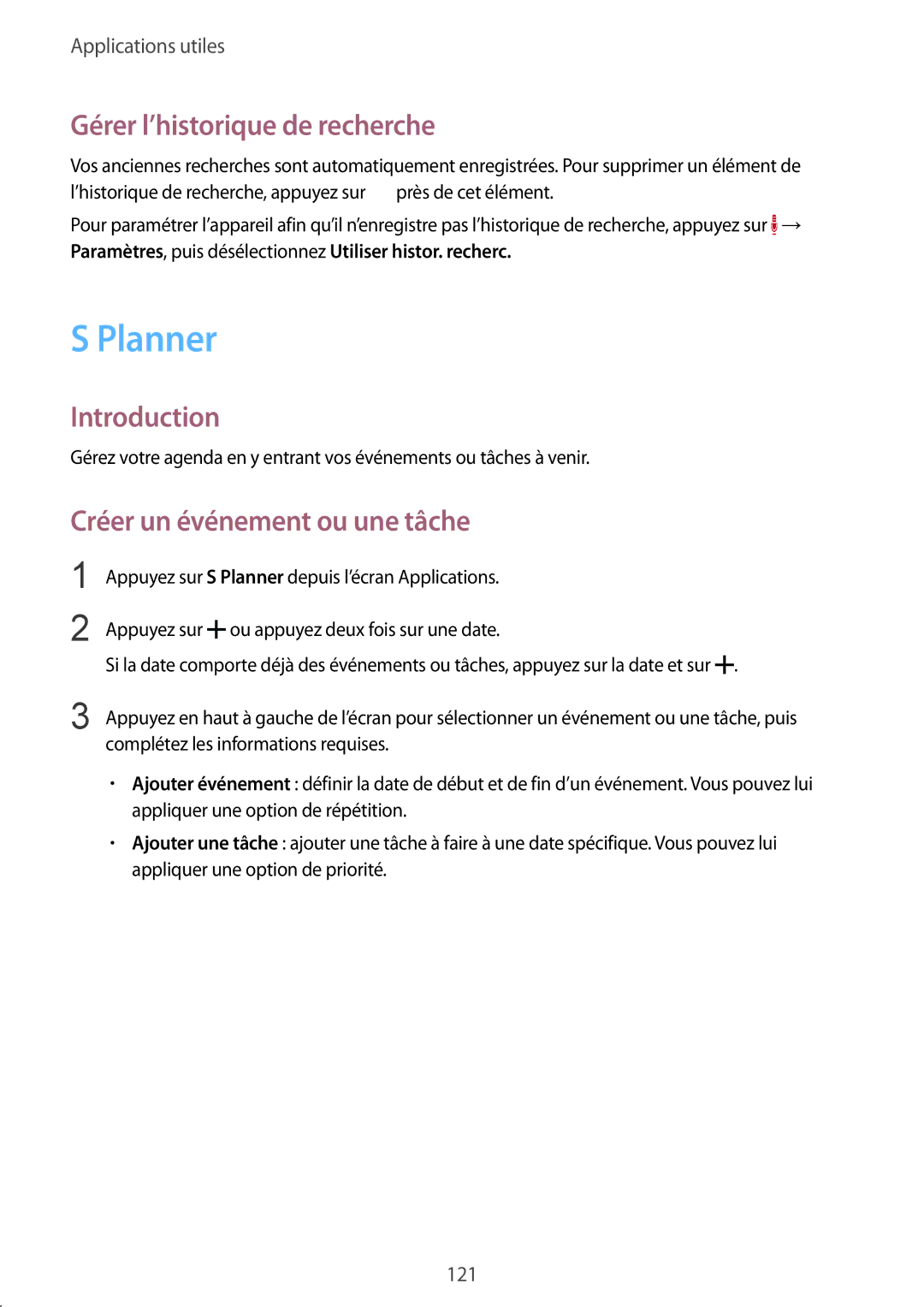 Samsung SM-N915FZWYXEF, SM-N915FZKYXEF manual Planner, Gérer l’historique de recherche, Créer un événement ou une tâche 