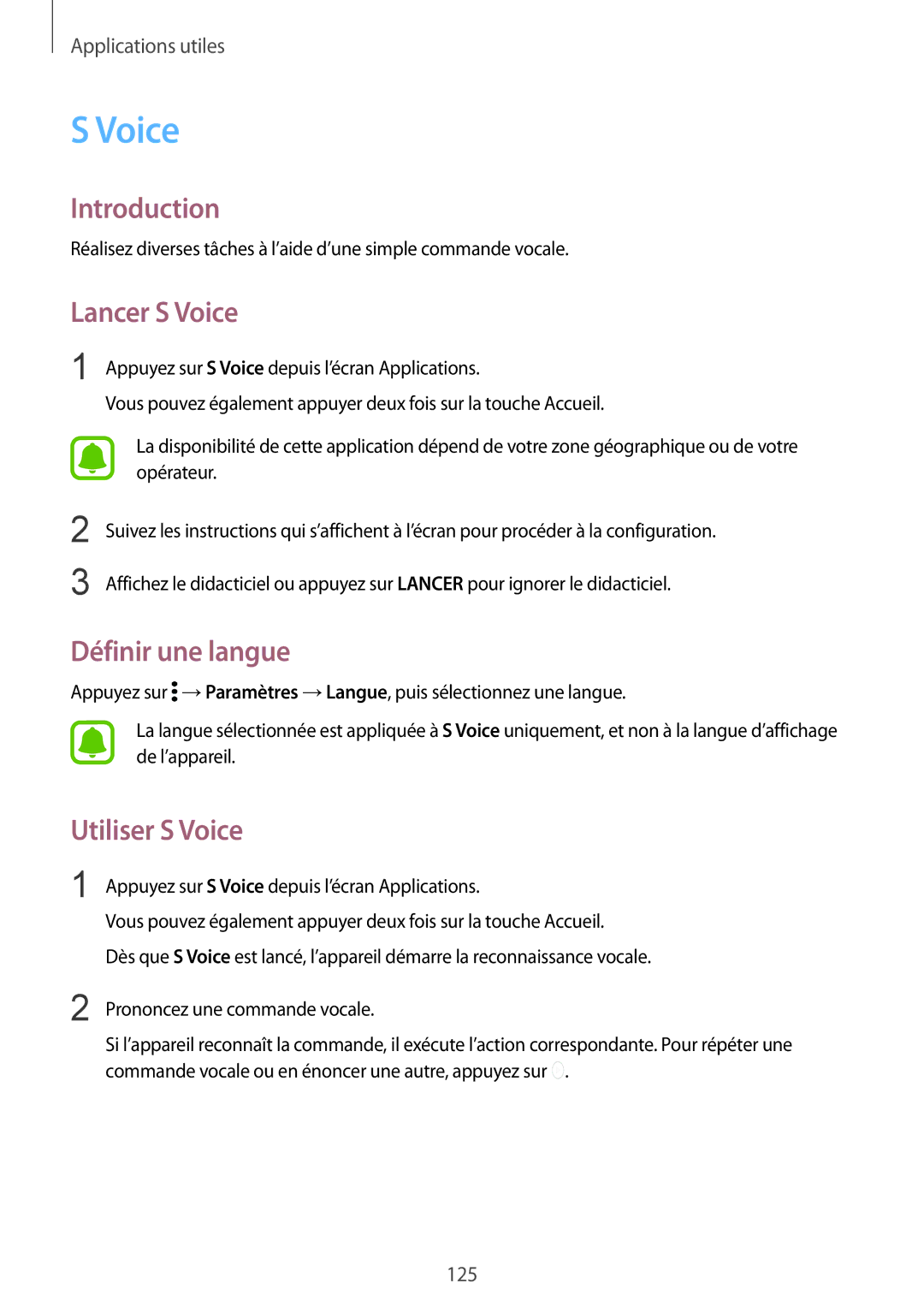 Samsung SM-N915FZWYXEF, SM-N915FZKYXEF manual Lancer S Voice, Définir une langue, Utiliser S Voice 