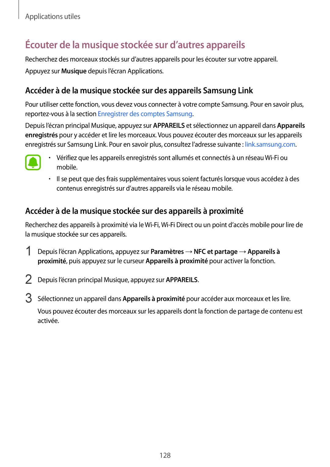 Samsung SM-N915FZKYXEF, SM-N915FZWYXEF manual Écouter de la musique stockée sur d’autres appareils 