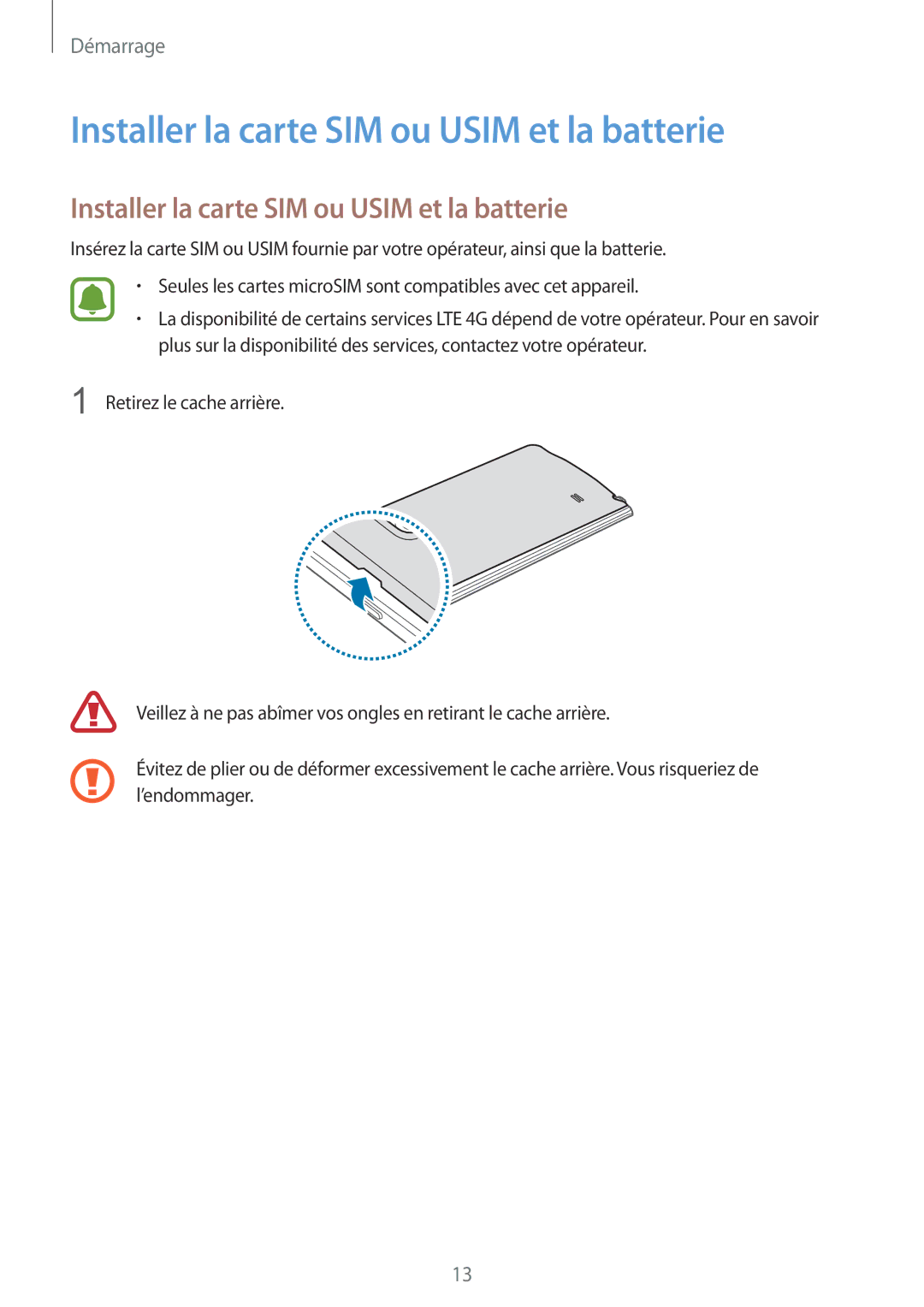 Samsung SM-N915FZWYXEF, SM-N915FZKYXEF manual Installer la carte SIM ou Usim et la batterie 