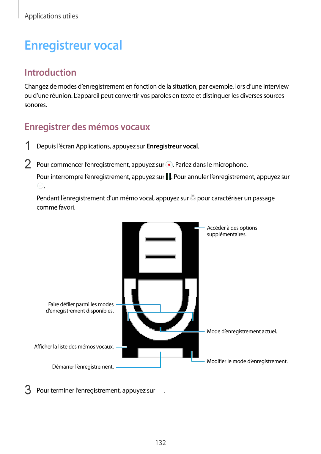 Samsung SM-N915FZKYXEF manual Enregistreur vocal, Enregistrer des mémos vocaux, Pour terminer l’enregistrement, appuyez sur 