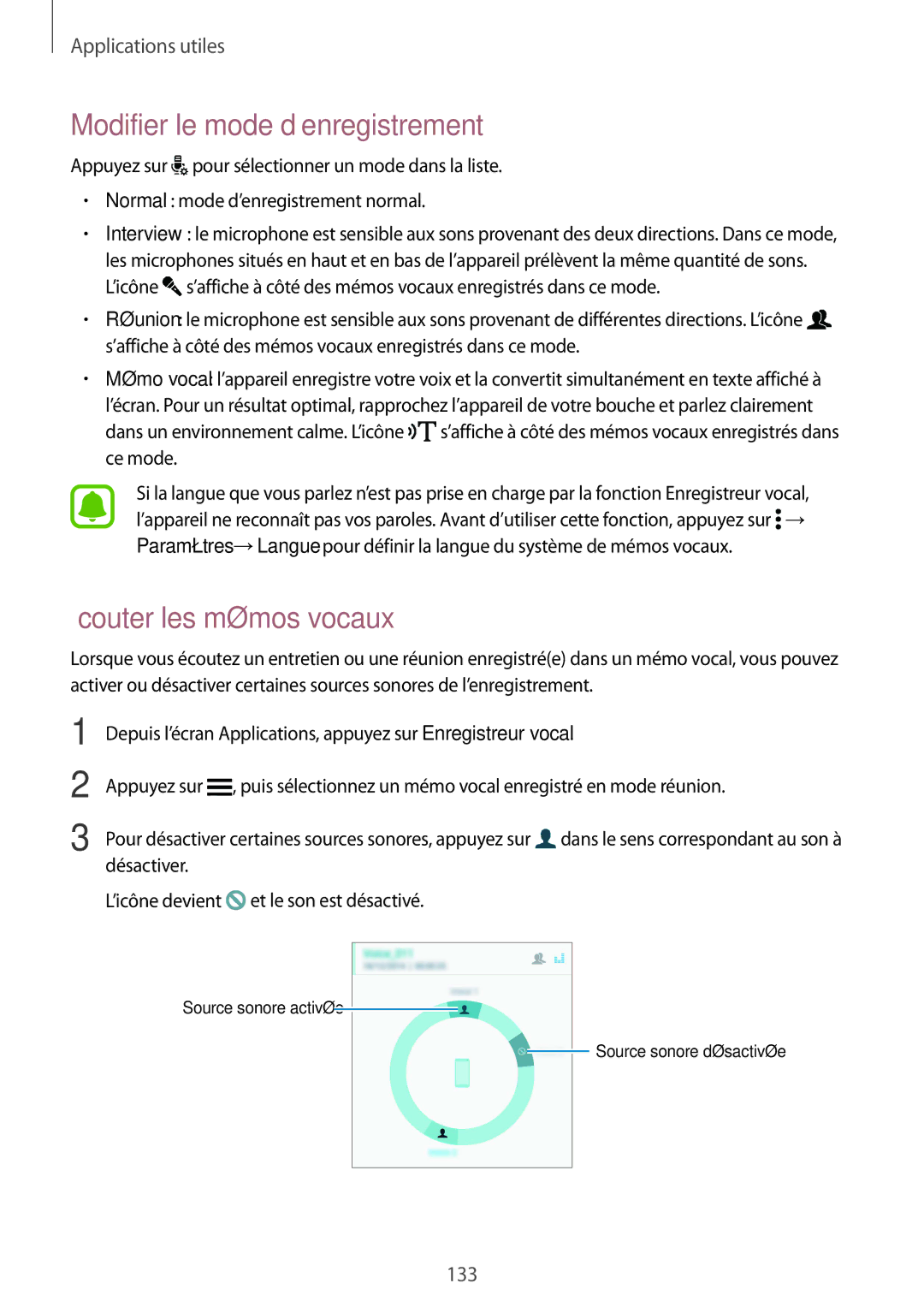 Samsung SM-N915FZWYXEF, SM-N915FZKYXEF manual Modifier le mode d’enregistrement, Écouter les mémos vocaux 