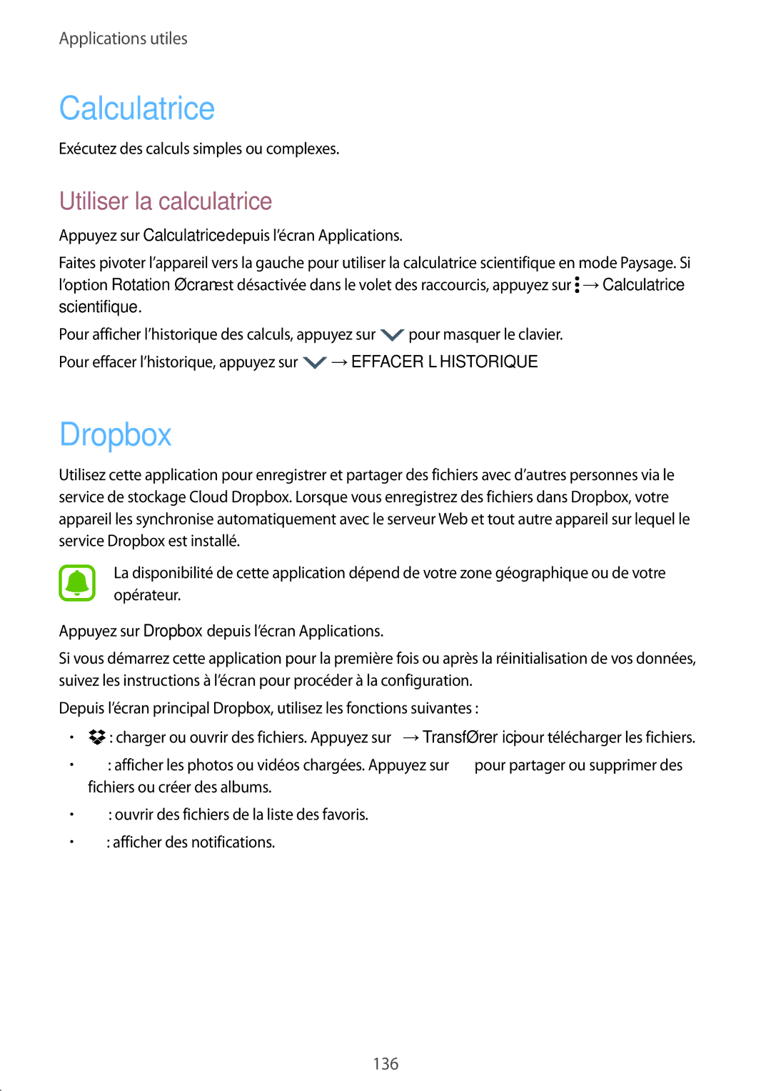 Samsung SM-N915FZKYXEF manual Calculatrice, Dropbox, Utiliser la calculatrice, Exécutez des calculs simples ou complexes 