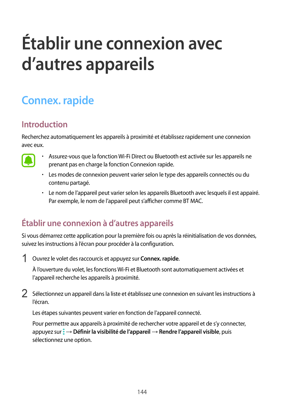 Samsung SM-N915FZKYXEF, SM-N915FZWYXEF manual Connex. rapide, Établir une connexion à d’autres appareils 