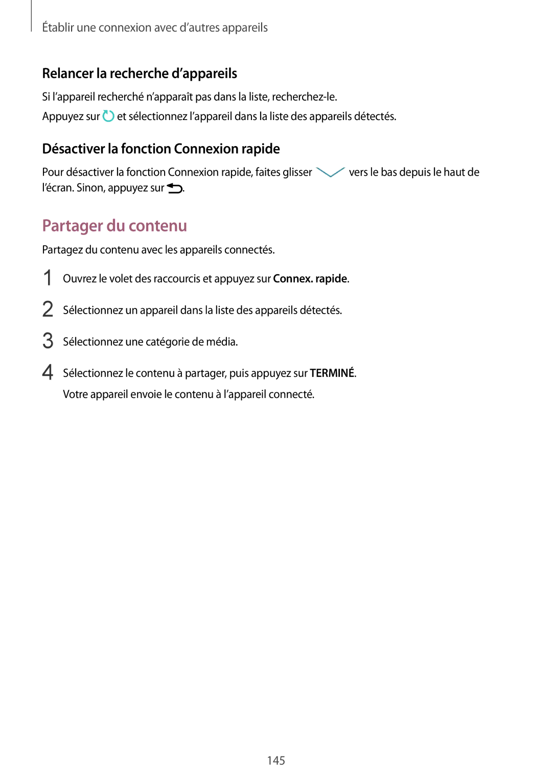 Samsung SM-N915FZWYXEF Partager du contenu, Relancer la recherche d’appareils, Désactiver la fonction Connexion rapide 