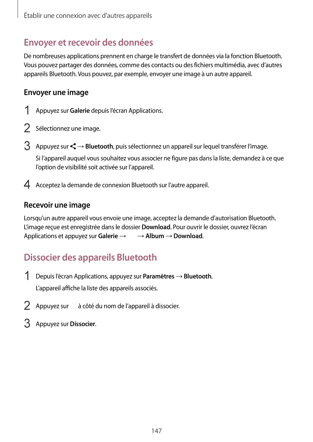 Samsung SM-N915FZWYXEF manual Envoyer et recevoir des données, Dissocier des appareils Bluetooth, Envoyer une image 