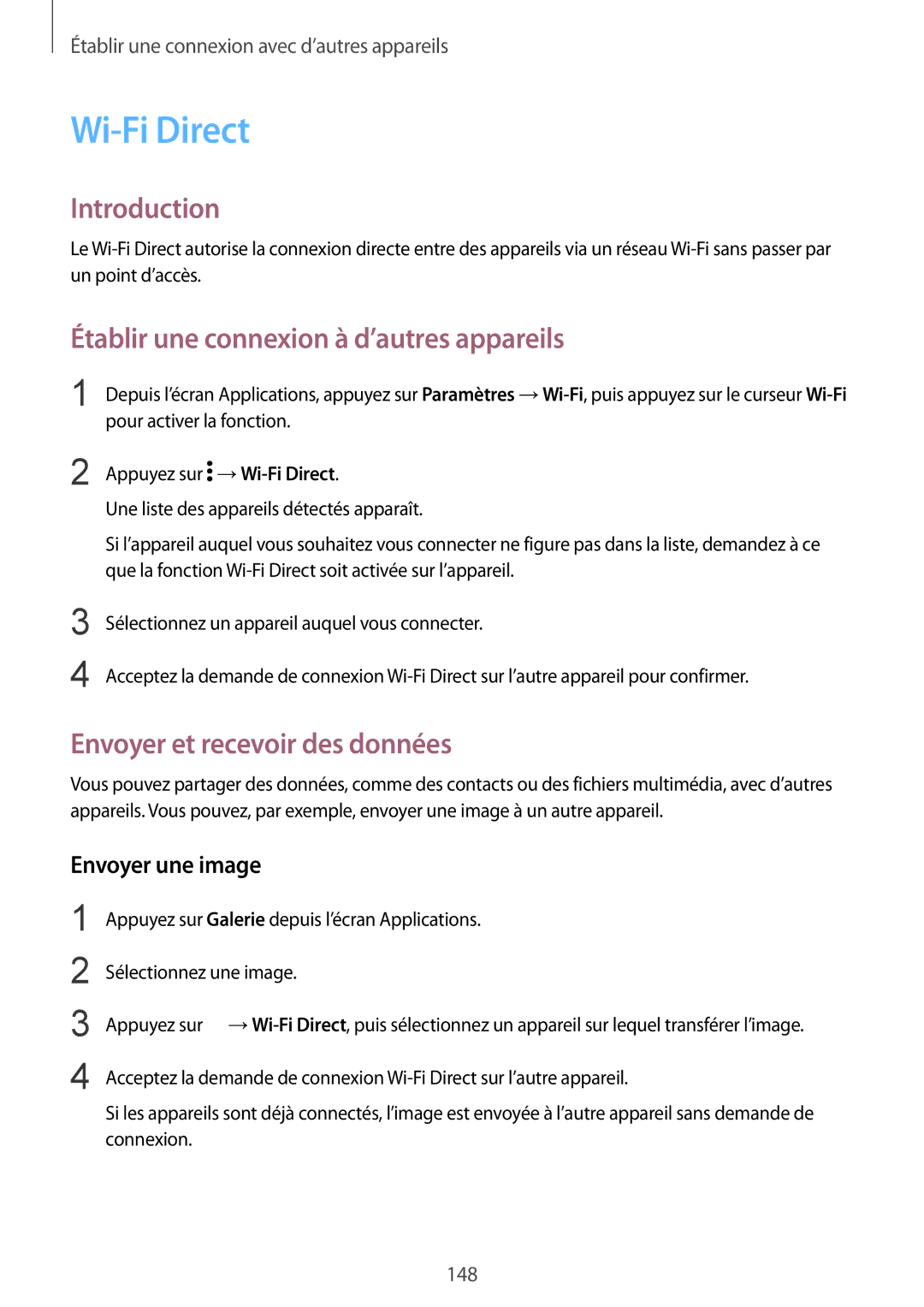 Samsung SM-N915FZKYXEF, SM-N915FZWYXEF manual Wi-Fi Direct, Établir une connexion à d’autres appareils 