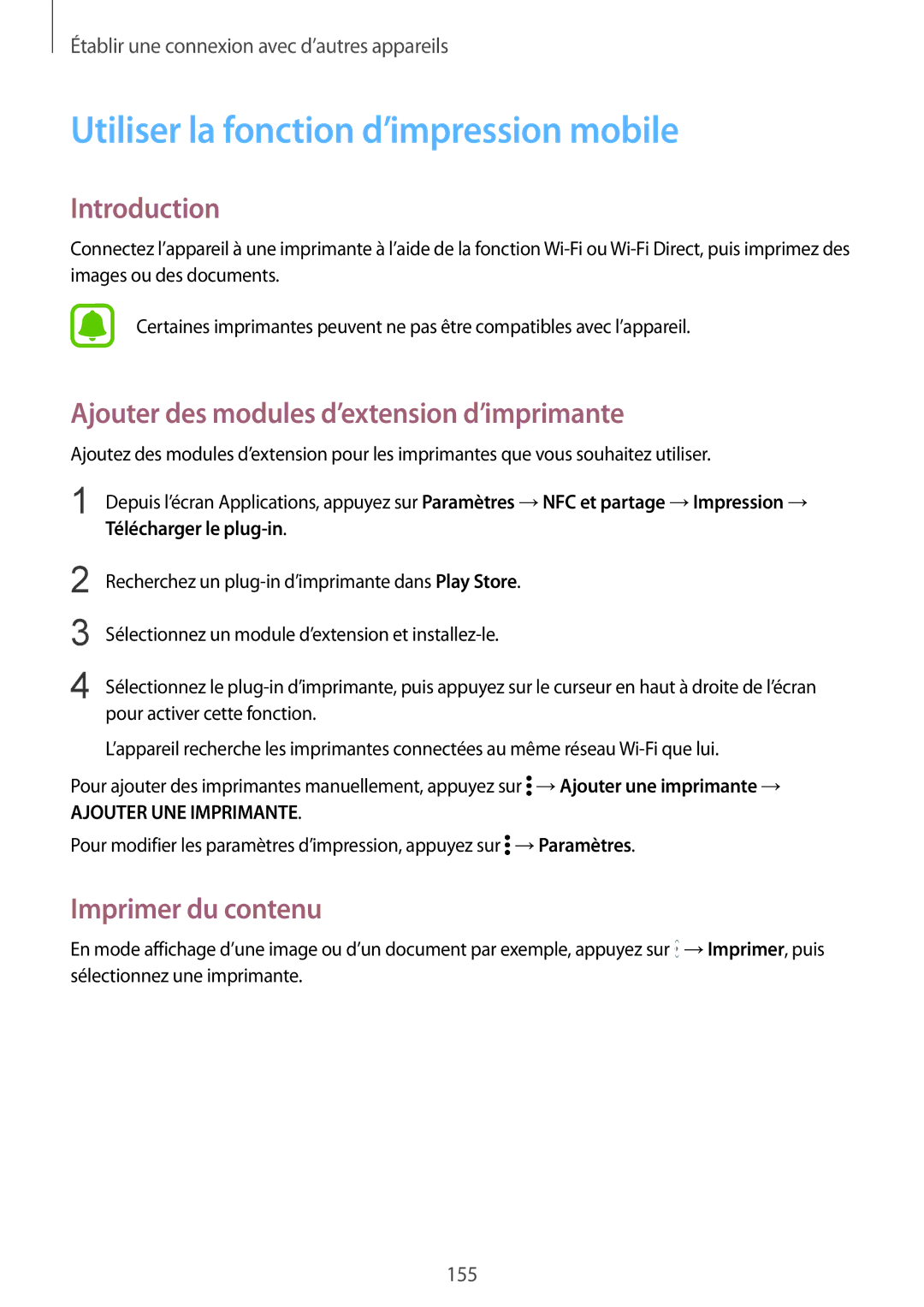 Samsung SM-N915FZWYXEF manual Utiliser la fonction d’impression mobile, Ajouter des modules d’extension d’imprimante 