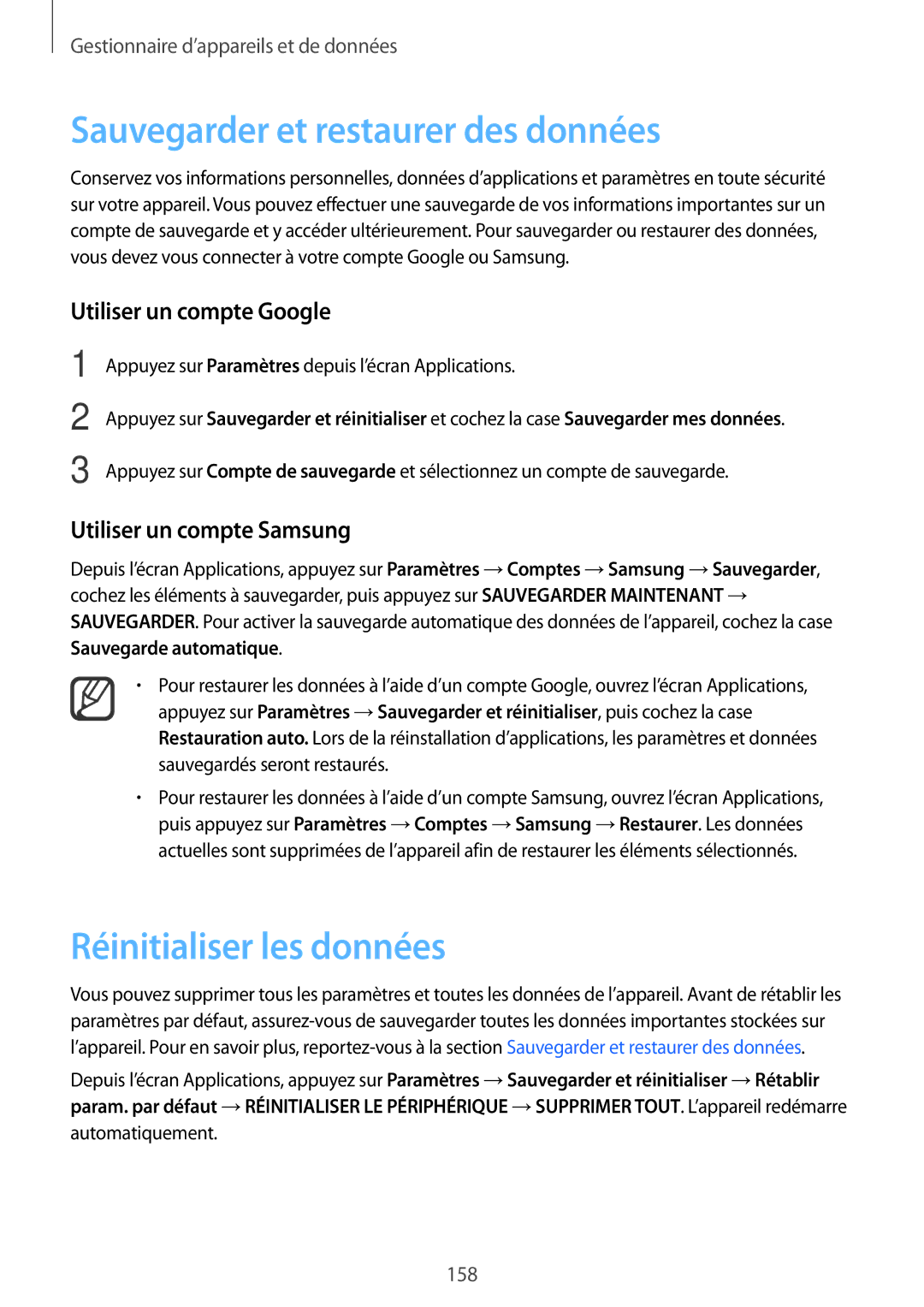 Samsung SM-N915FZKYXEF manual Sauvegarder et restaurer des données, Réinitialiser les données, Utiliser un compte Google 