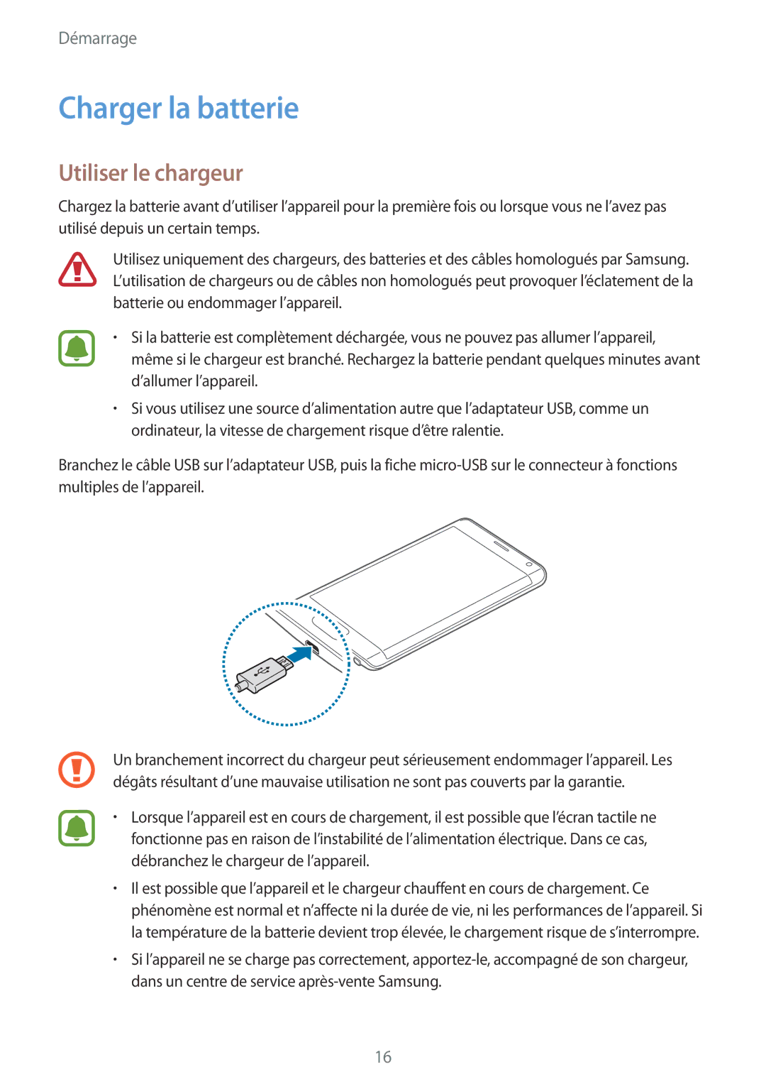 Samsung SM-N915FZKYXEF, SM-N915FZWYXEF manual Charger la batterie, Utiliser le chargeur 