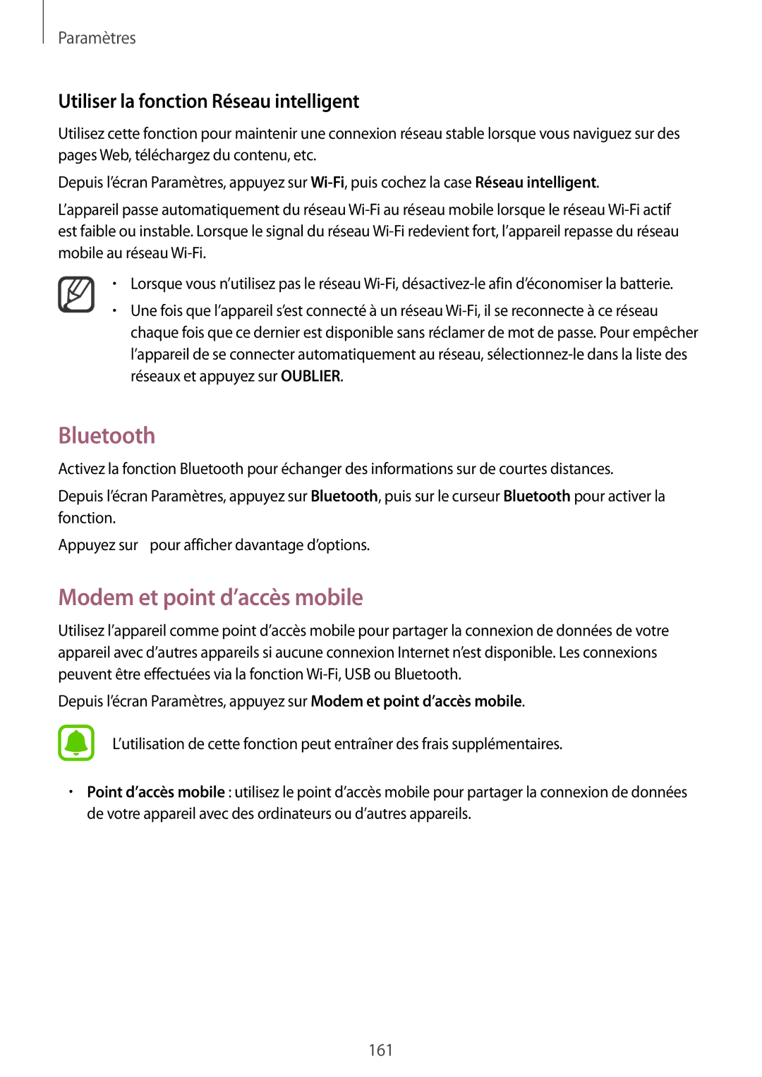 Samsung SM-N915FZWYXEF, SM-N915FZKYXEF Bluetooth, Modem et point d’accès mobile, Utiliser la fonction Réseau intelligent 