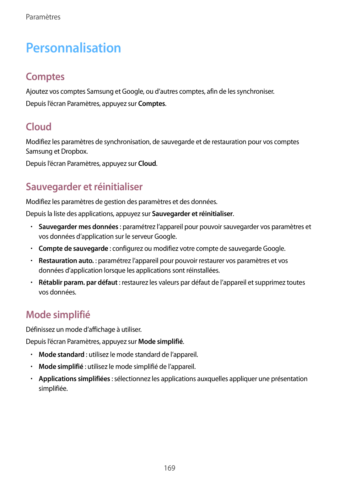 Samsung SM-N915FZWYXEF, SM-N915FZKYXEF manual Personnalisation, Comptes, Cloud, Sauvegarder et réinitialiser, Mode simplifié 