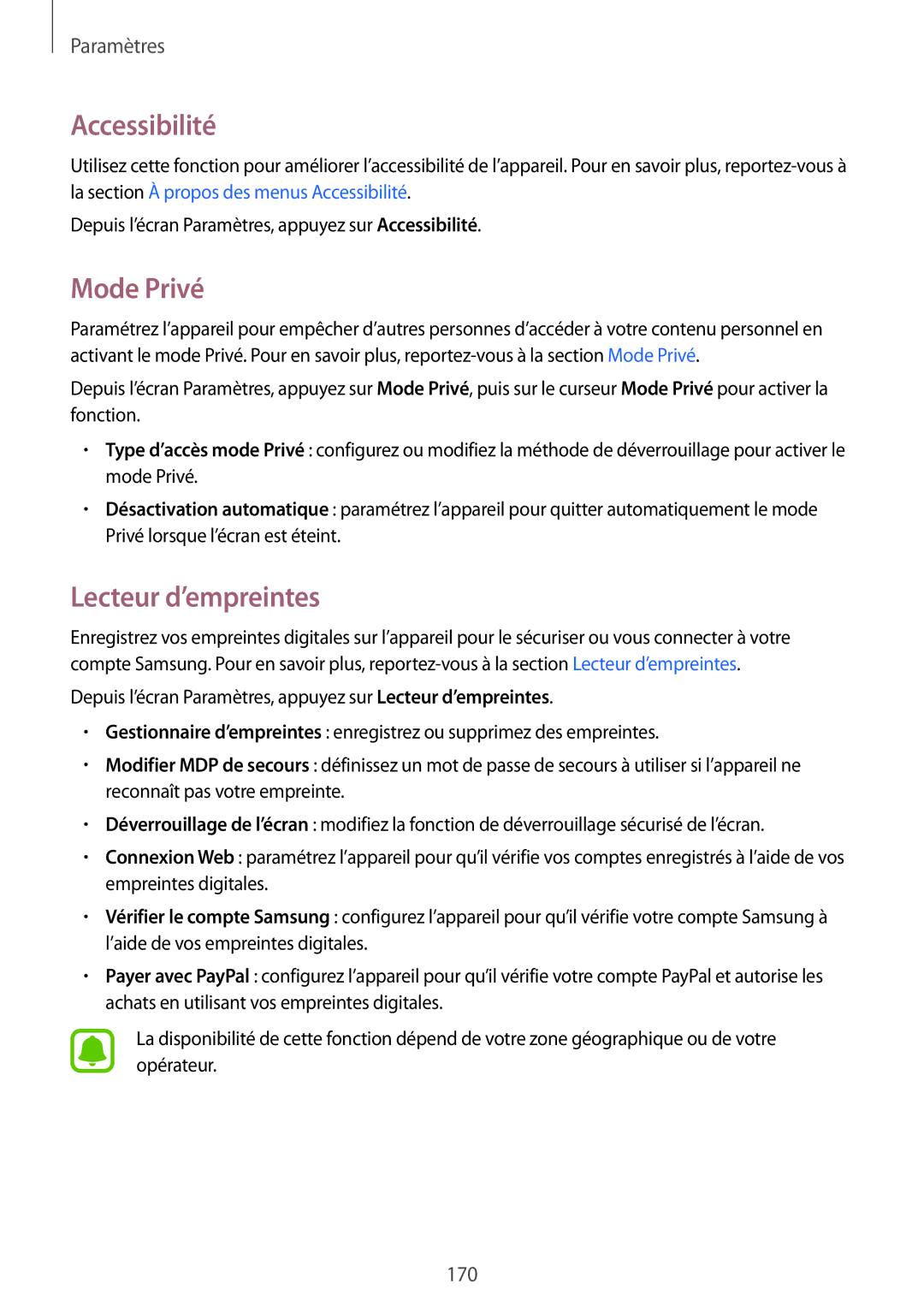 Samsung SM-N915FZKYXEF, SM-N915FZWYXEF manual Accessibilité, Mode Privé, Lecteur d’empreintes 