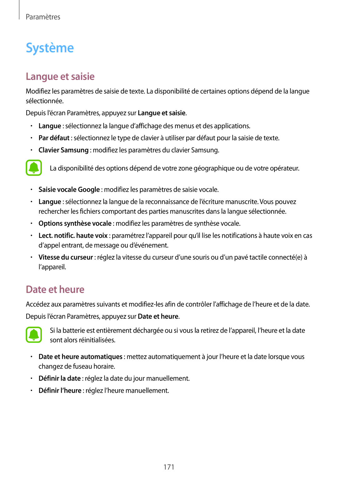 Samsung SM-N915FZWYXEF, SM-N915FZKYXEF manual Système, Langue et saisie, Date et heure 