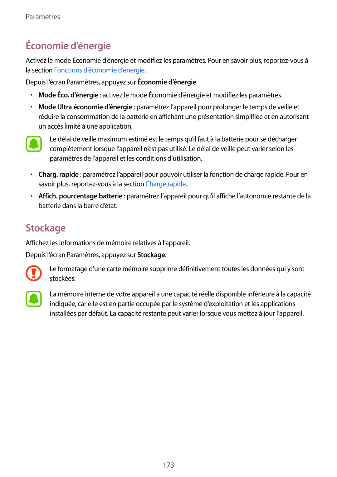 Samsung SM-N915FZWYXEF, SM-N915FZKYXEF manual Économie d’énergie, Stockage 