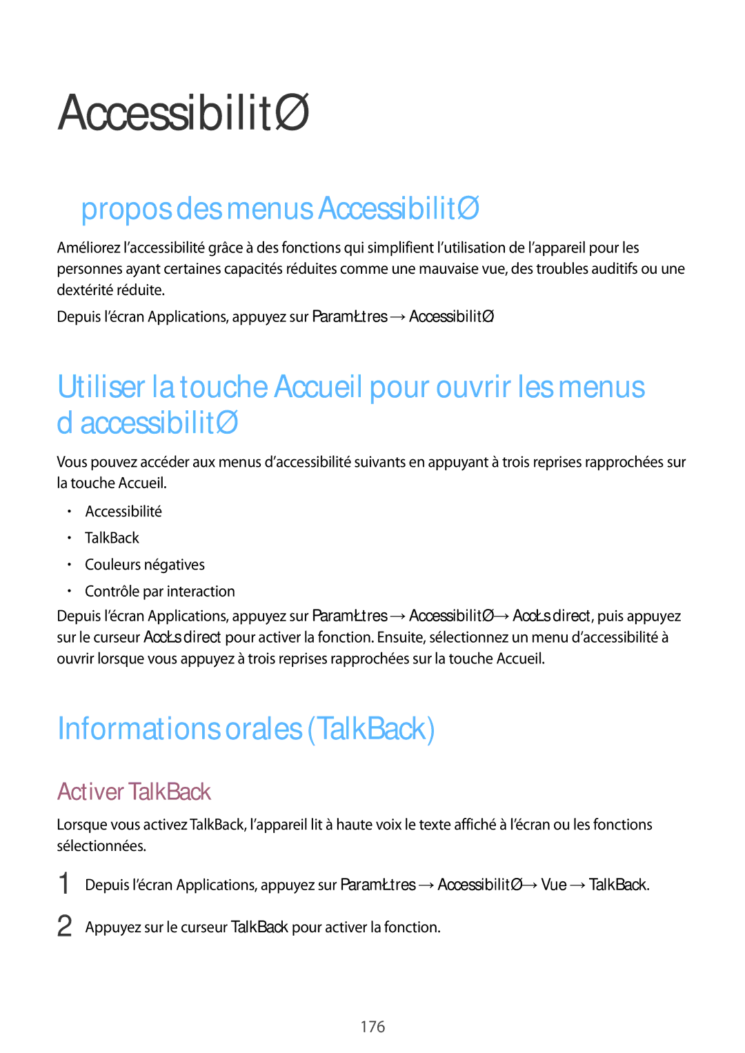 Samsung SM-N915FZKYXEF, SM-N915FZWYXEF Propos des menus Accessibilité, Informations orales TalkBack, Activer TalkBack 