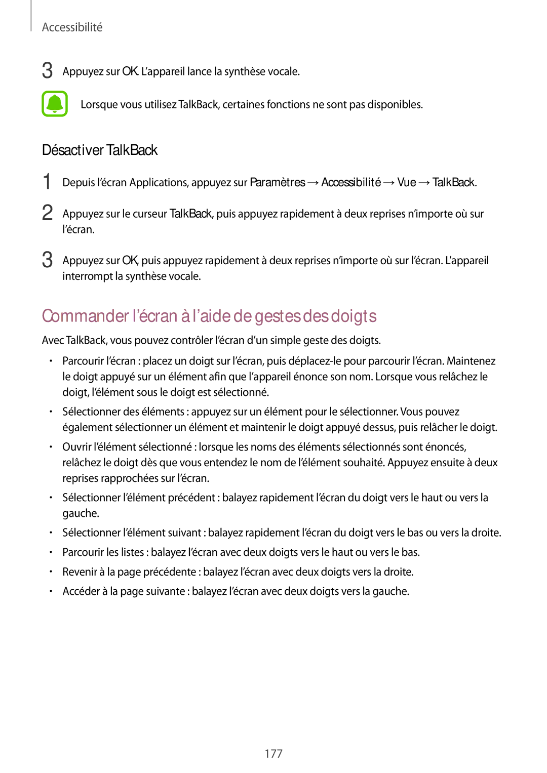 Samsung SM-N915FZWYXEF, SM-N915FZKYXEF manual Commander l’écran à l’aide de gestes des doigts, Désactiver TalkBack 