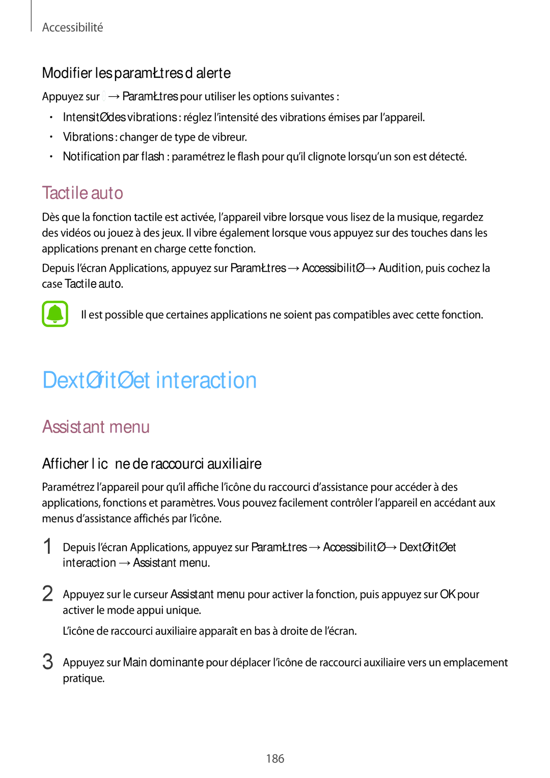 Samsung SM-N915FZKYXEF manual Dextérité et interaction, Tactile auto, Assistant menu, Modifier les paramètres d’alerte 