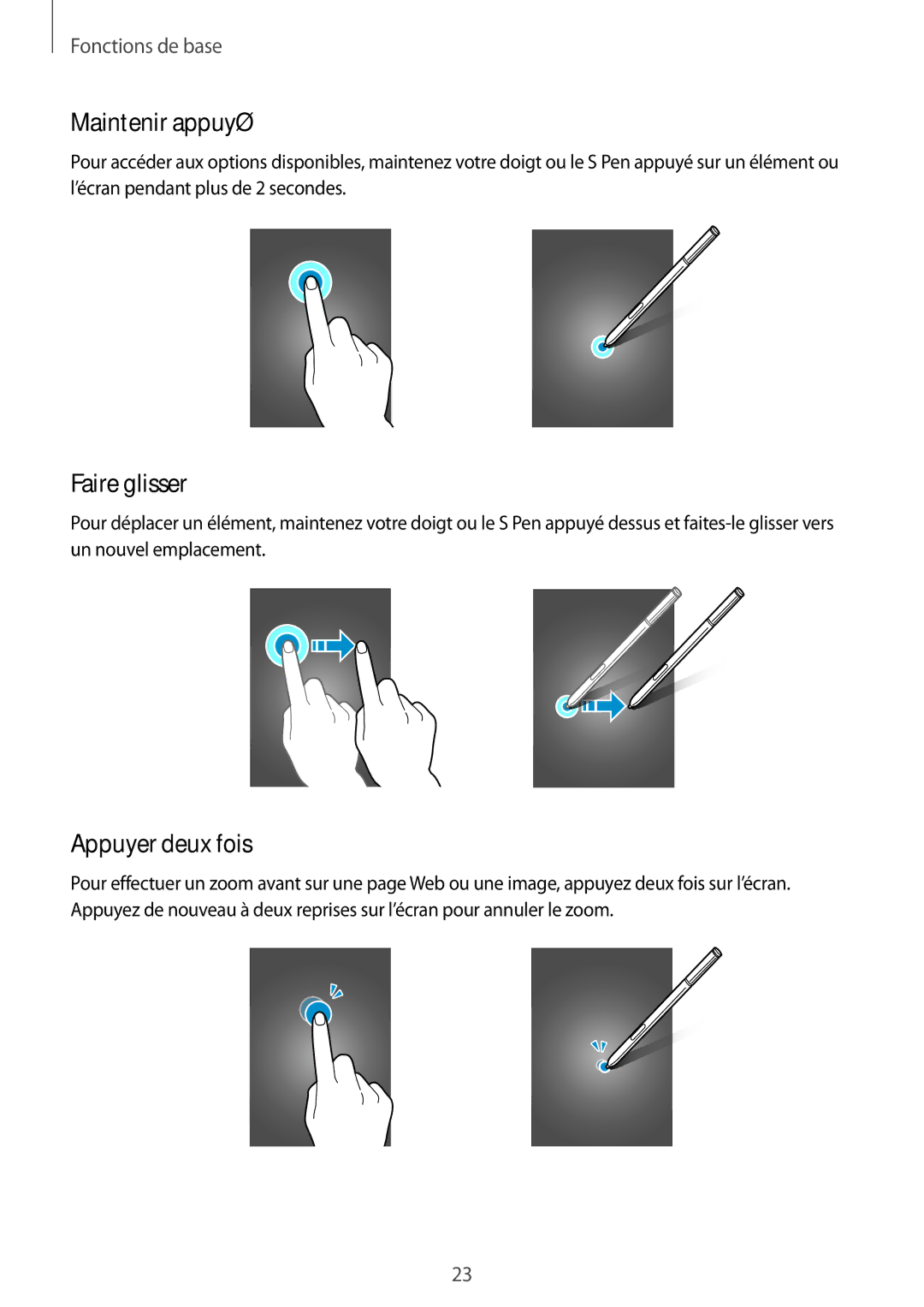 Samsung SM-N915FZWYXEF, SM-N915FZKYXEF manual Maintenir appuyé, Faire glisser, Appuyer deux fois 