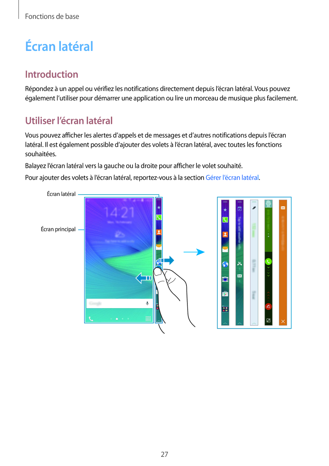 Samsung SM-N915FZWYXEF, SM-N915FZKYXEF manual Écran latéral, Introduction, Utiliser l’écran latéral 