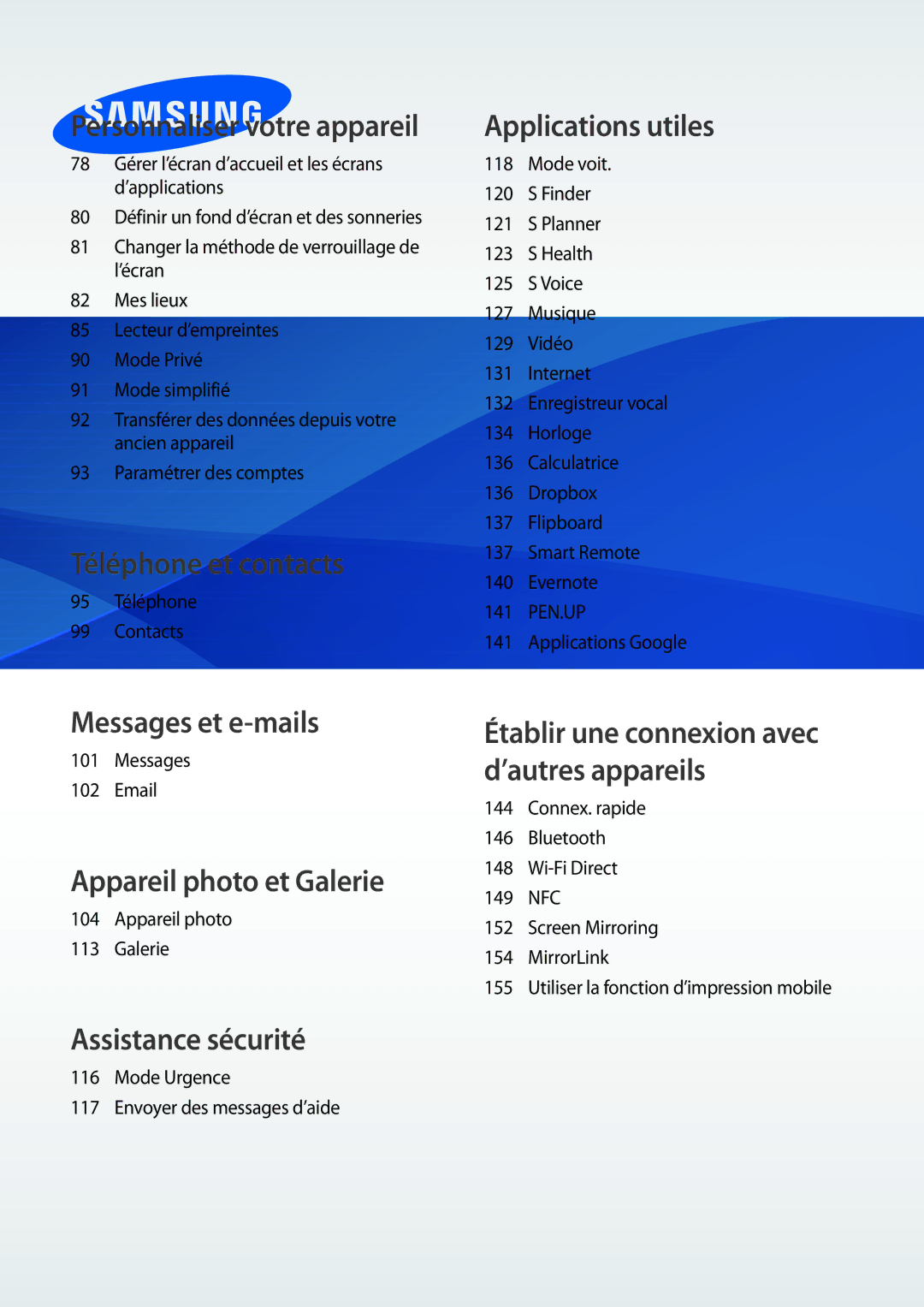 Samsung SM-N915FZWYXEF manual 95 Téléphone Contacts, Messages, 102 144 Connex. rapide 146 Bluetooth, Wi-Fi Direct 149 