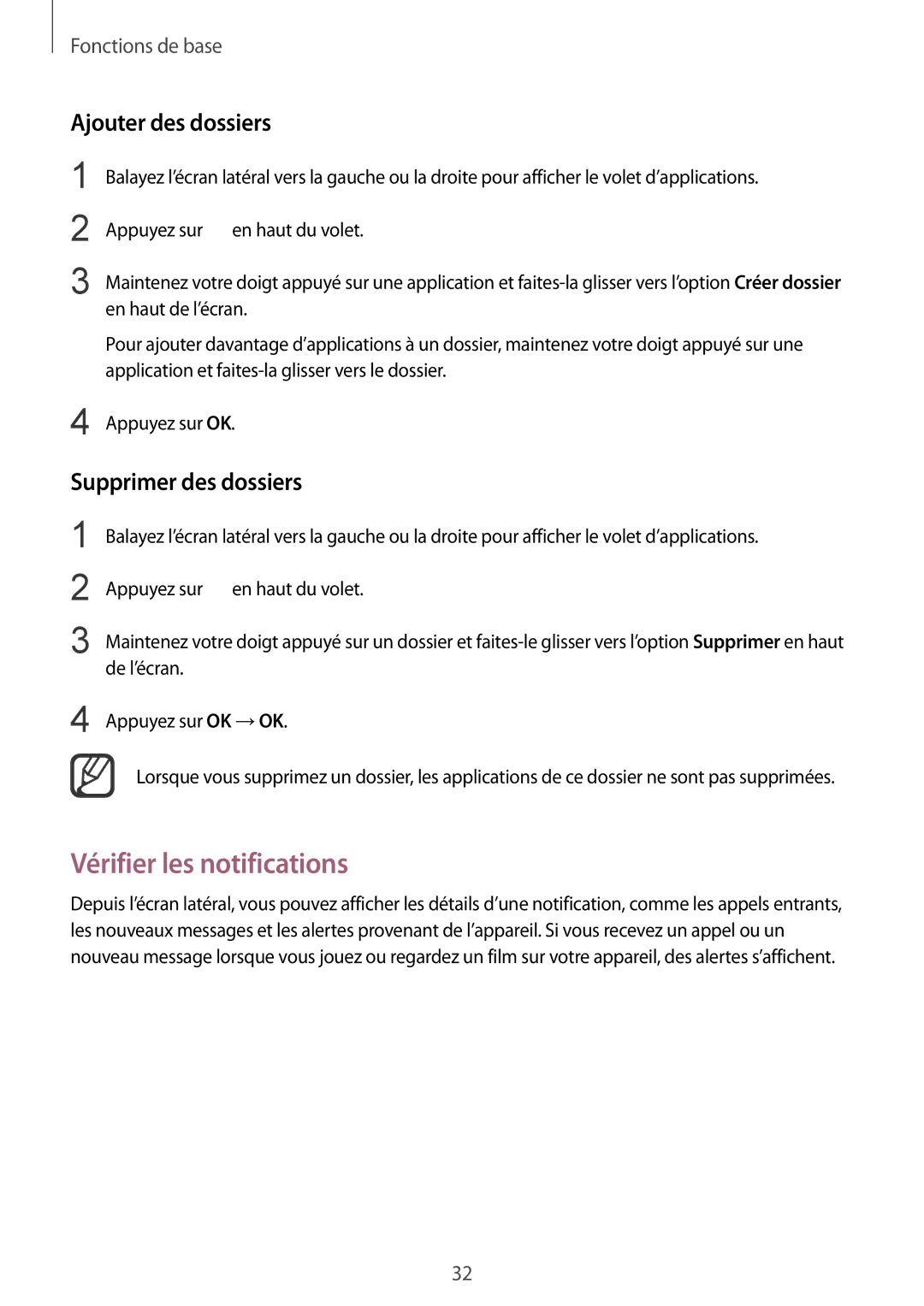Samsung SM-N915FZKYXEF, SM-N915FZWYXEF manual Vérifier les notifications, Ajouter des dossiers, Supprimer des dossiers 