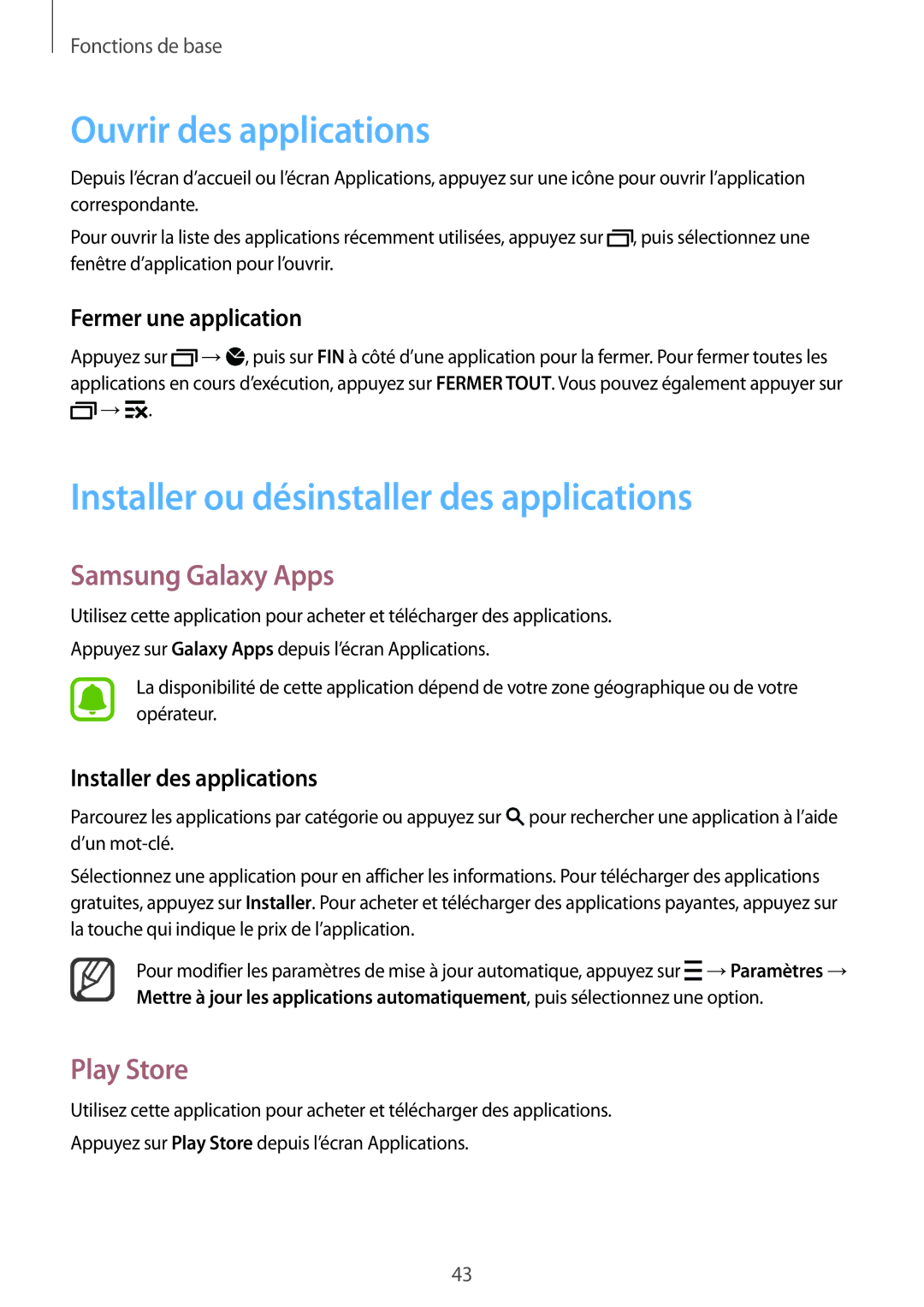 Samsung SM-N915FZWYXEF manual Ouvrir des applications, Installer ou désinstaller des applications, Samsung Galaxy Apps 