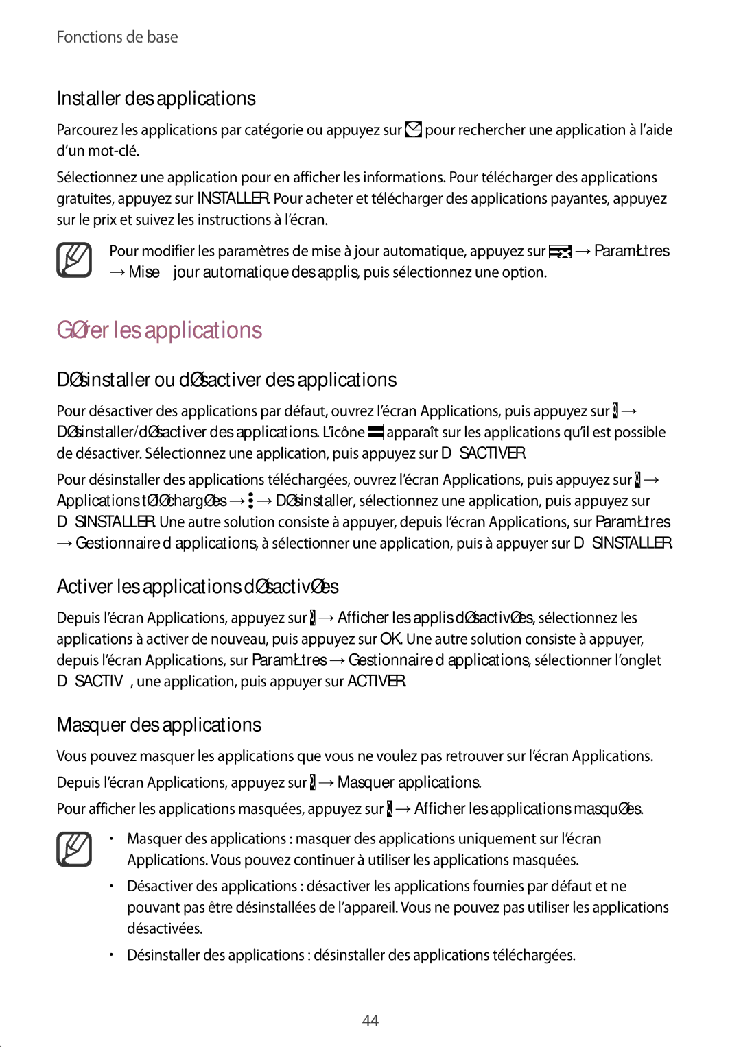 Samsung SM-N915FZKYXEF manual Gérer les applications, Désinstaller ou désactiver des applications, Masquer des applications 