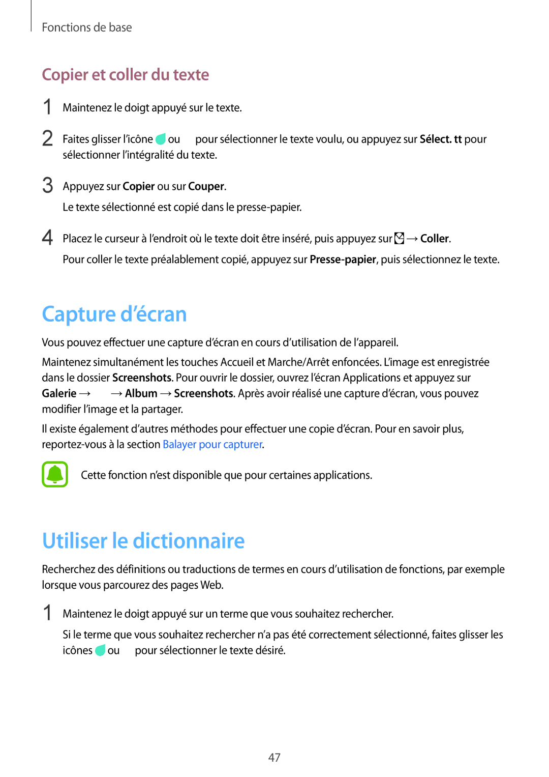 Samsung SM-N915FZWYXEF, SM-N915FZKYXEF manual Capture d’écran, Utiliser le dictionnaire, Copier et coller du texte 